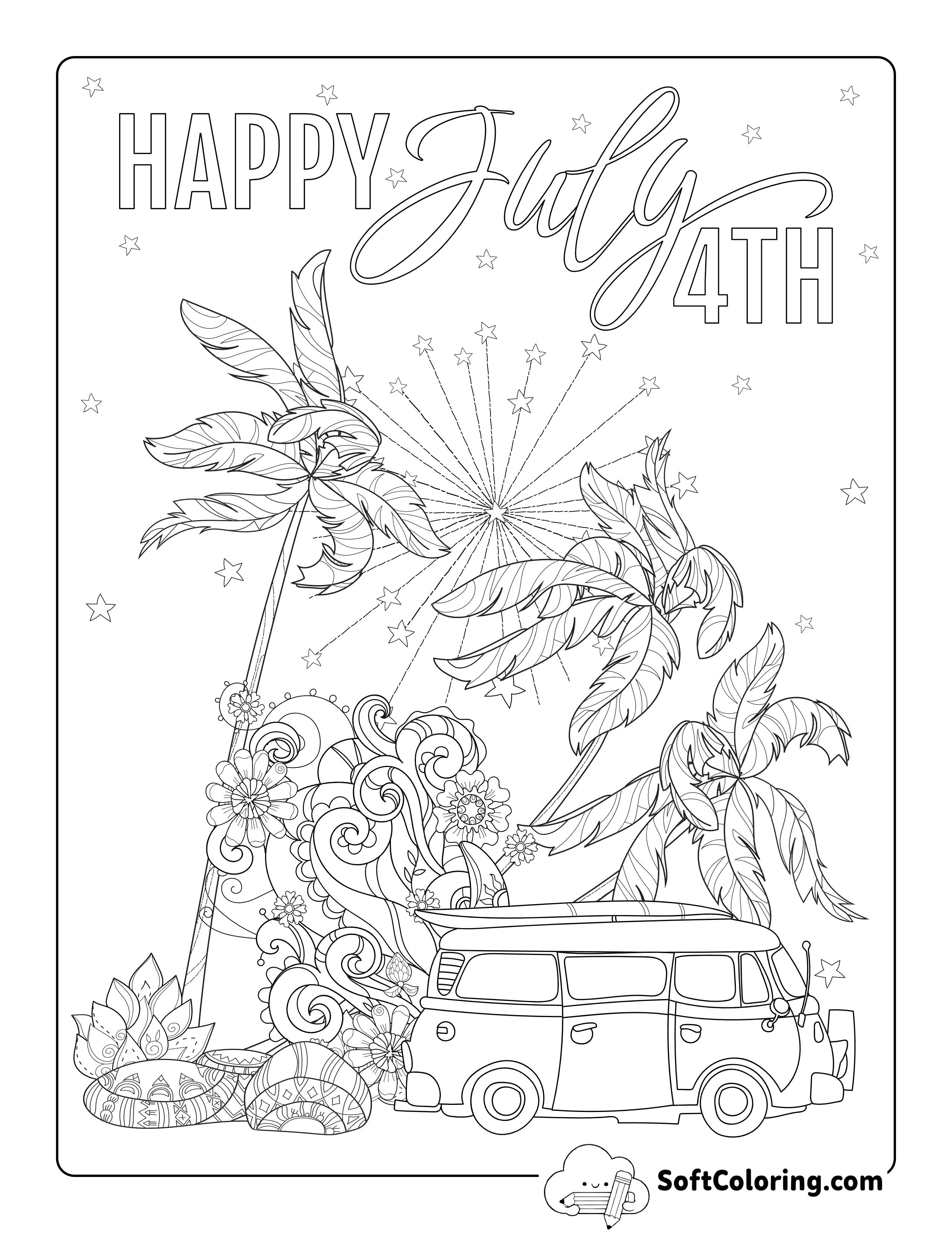 Detailed July 4th Minivan Coloring Sheet