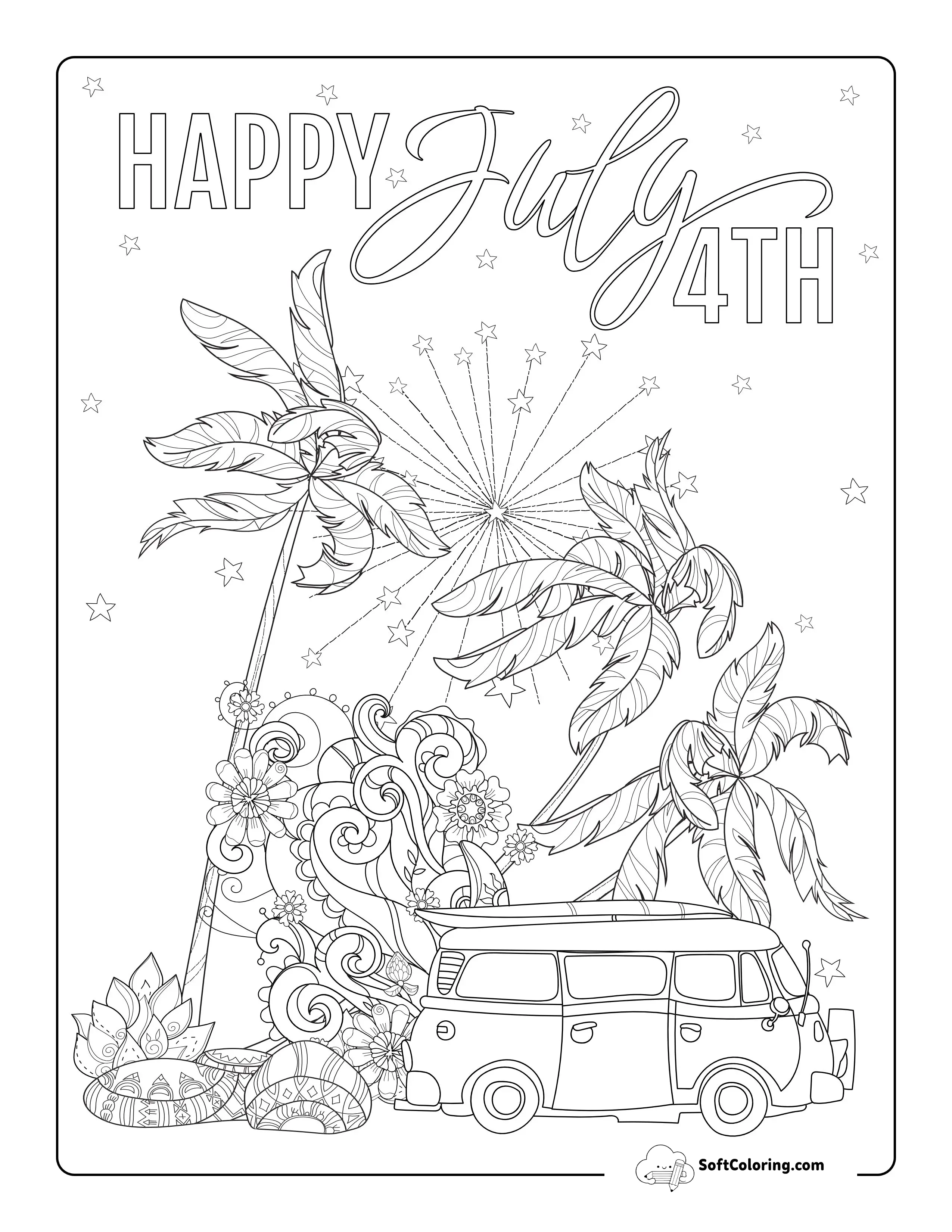Detailed July 4Th Minivan Coloring Sheet