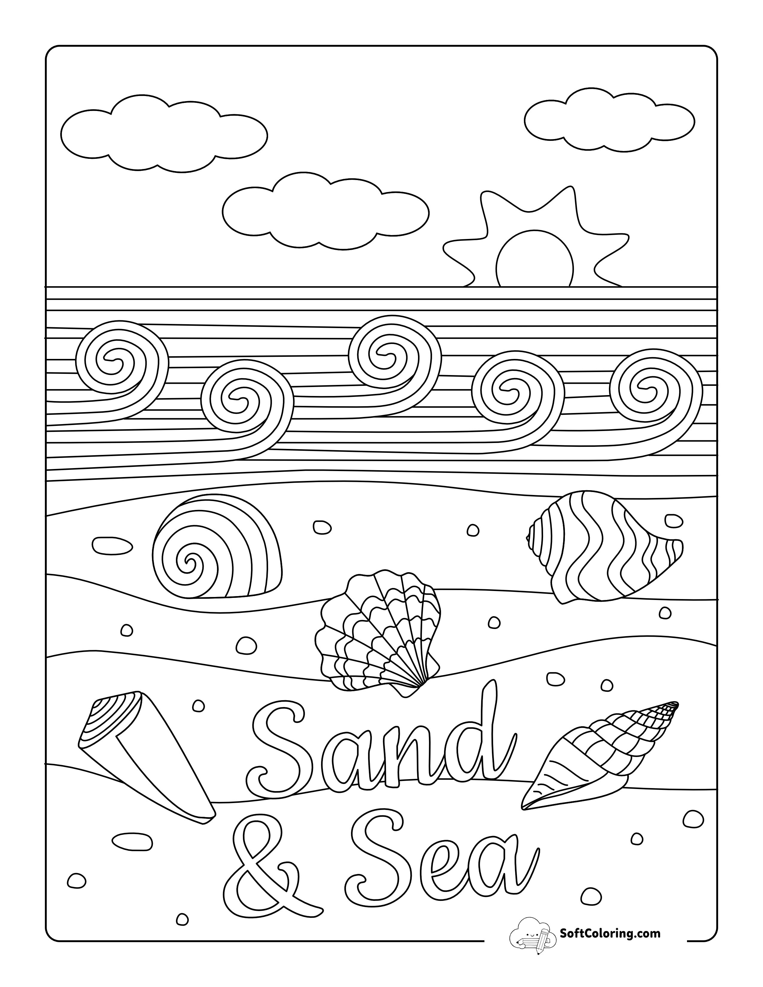 Simple Waves And Sea Shells Beach Coloring Page