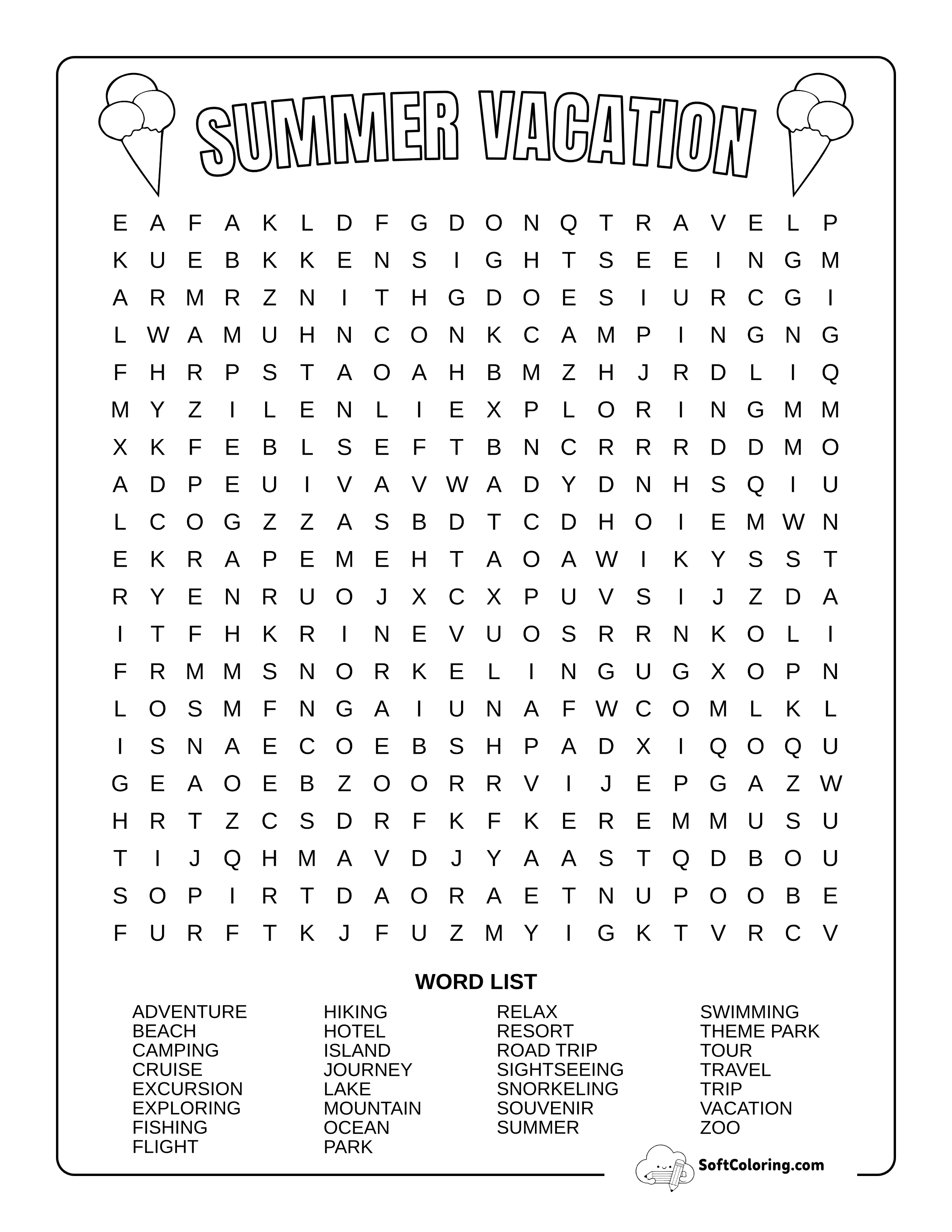 Hard Vacation-Themed Summer Word Search