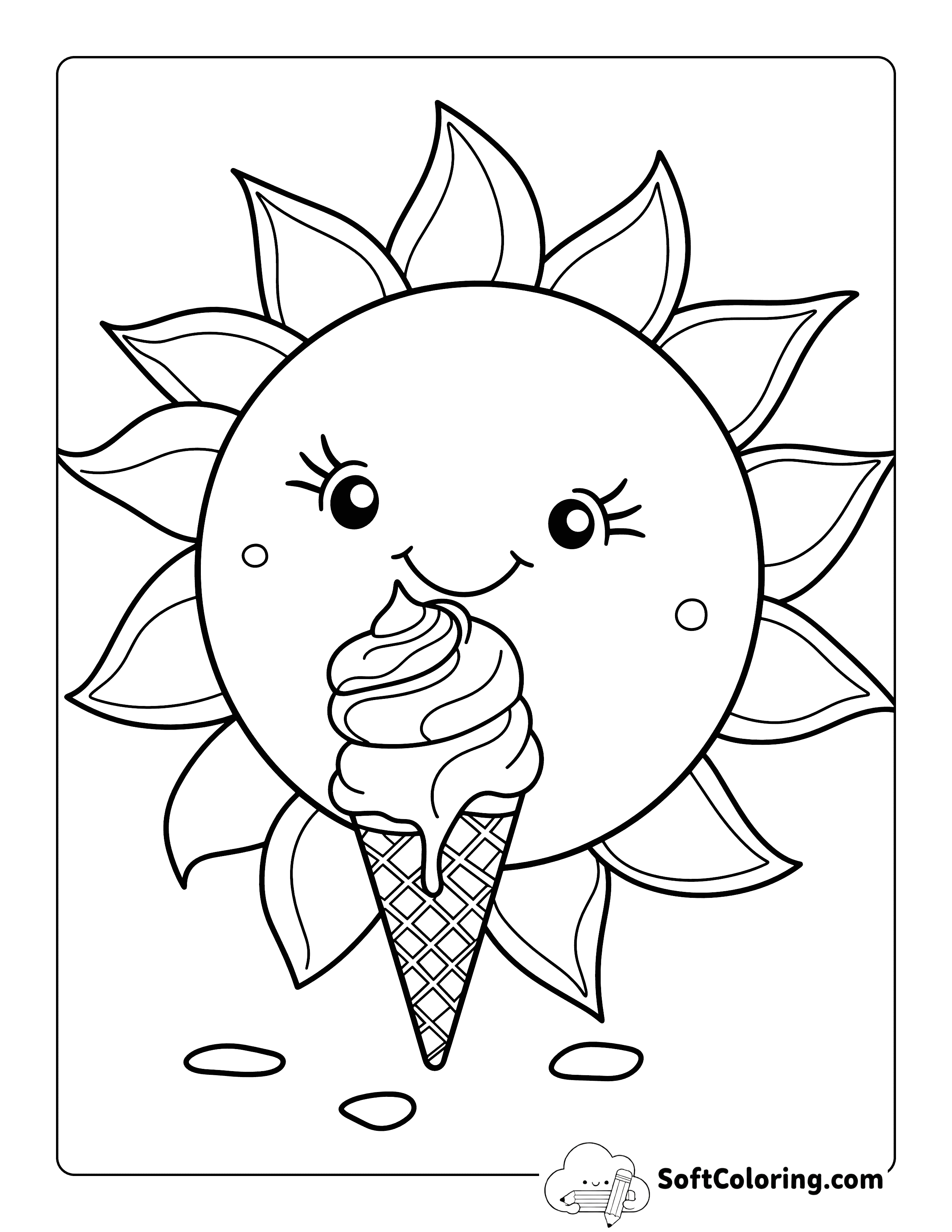 Cute Sun Eating Ice Cream Coloring Sheet