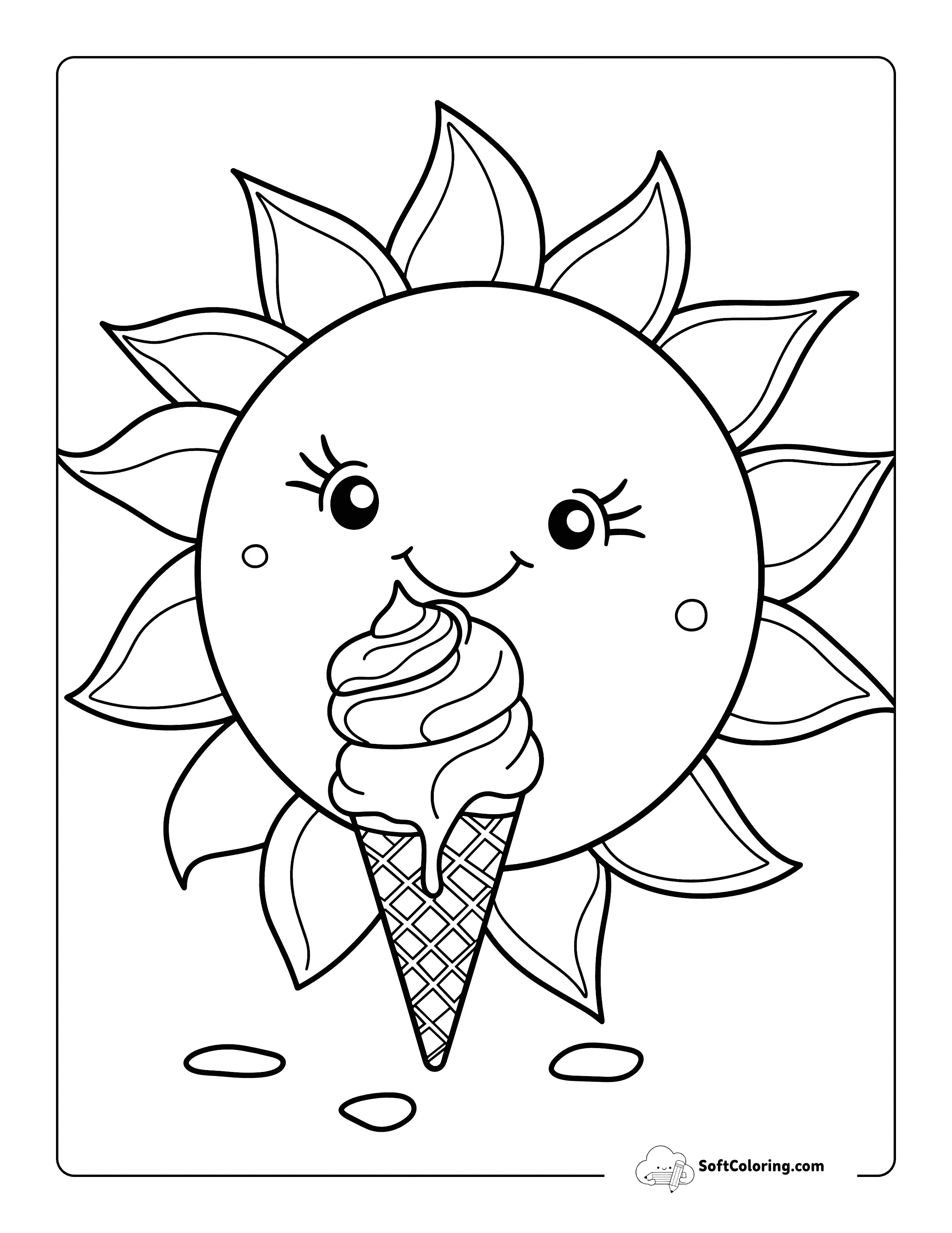 Cute Sun Eating Ice Cream Coloring Sheet