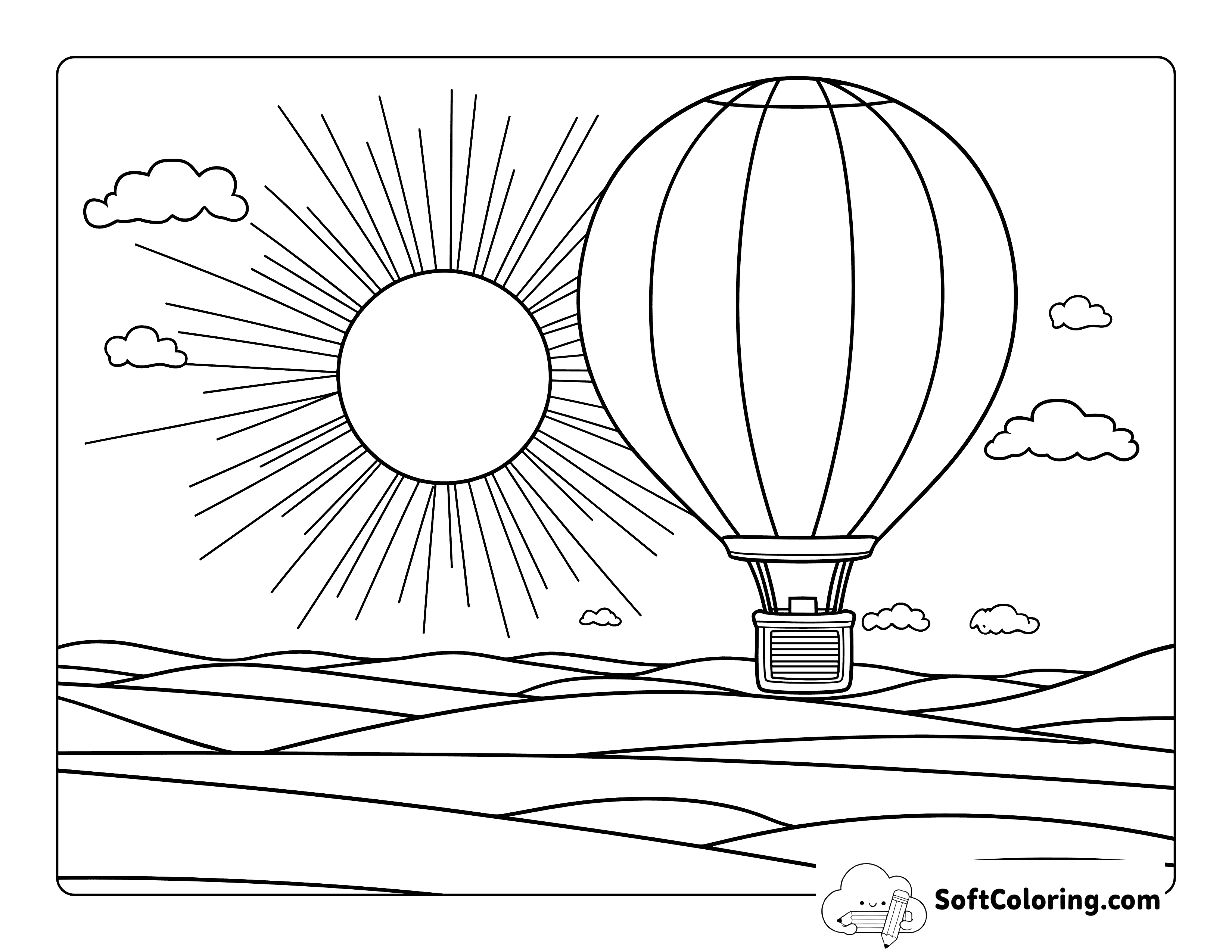 Easy Hot Air Balloon Sunrise Coloring Page