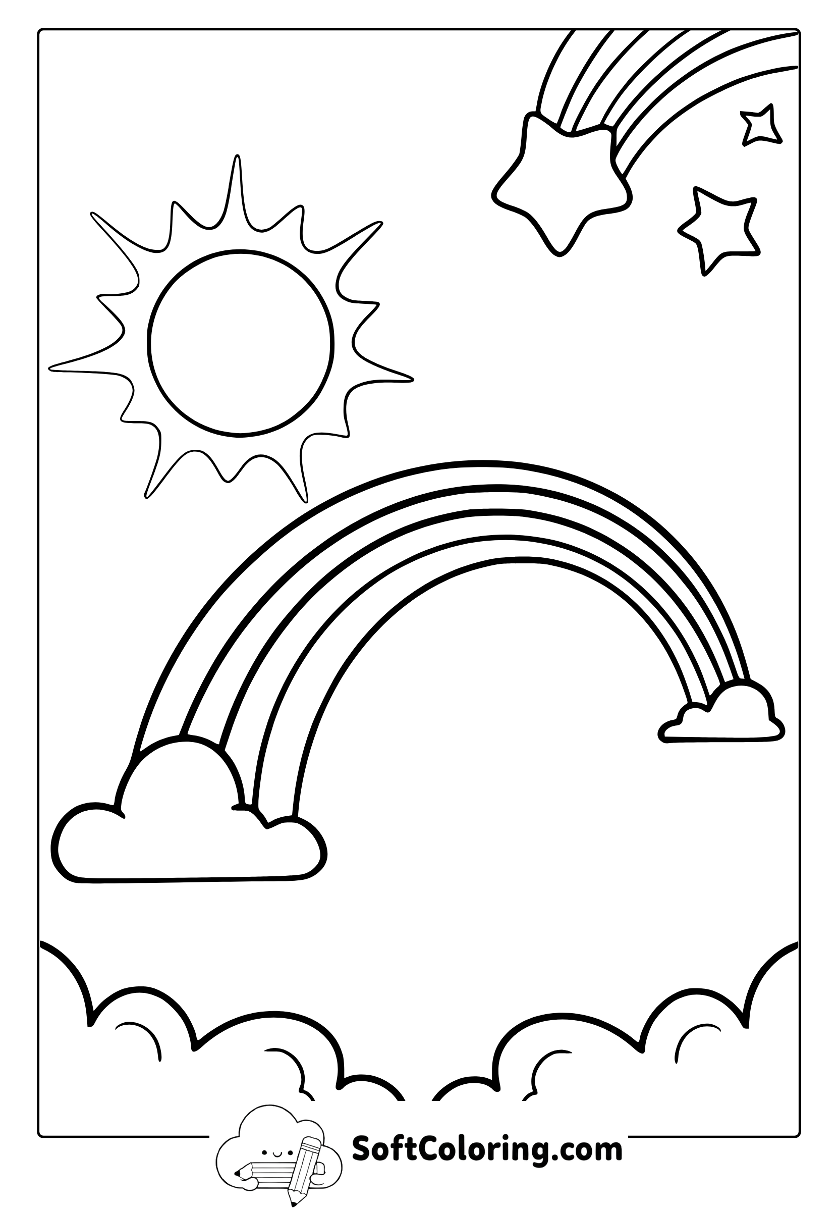 sun with rainbow and shooting star coloring page