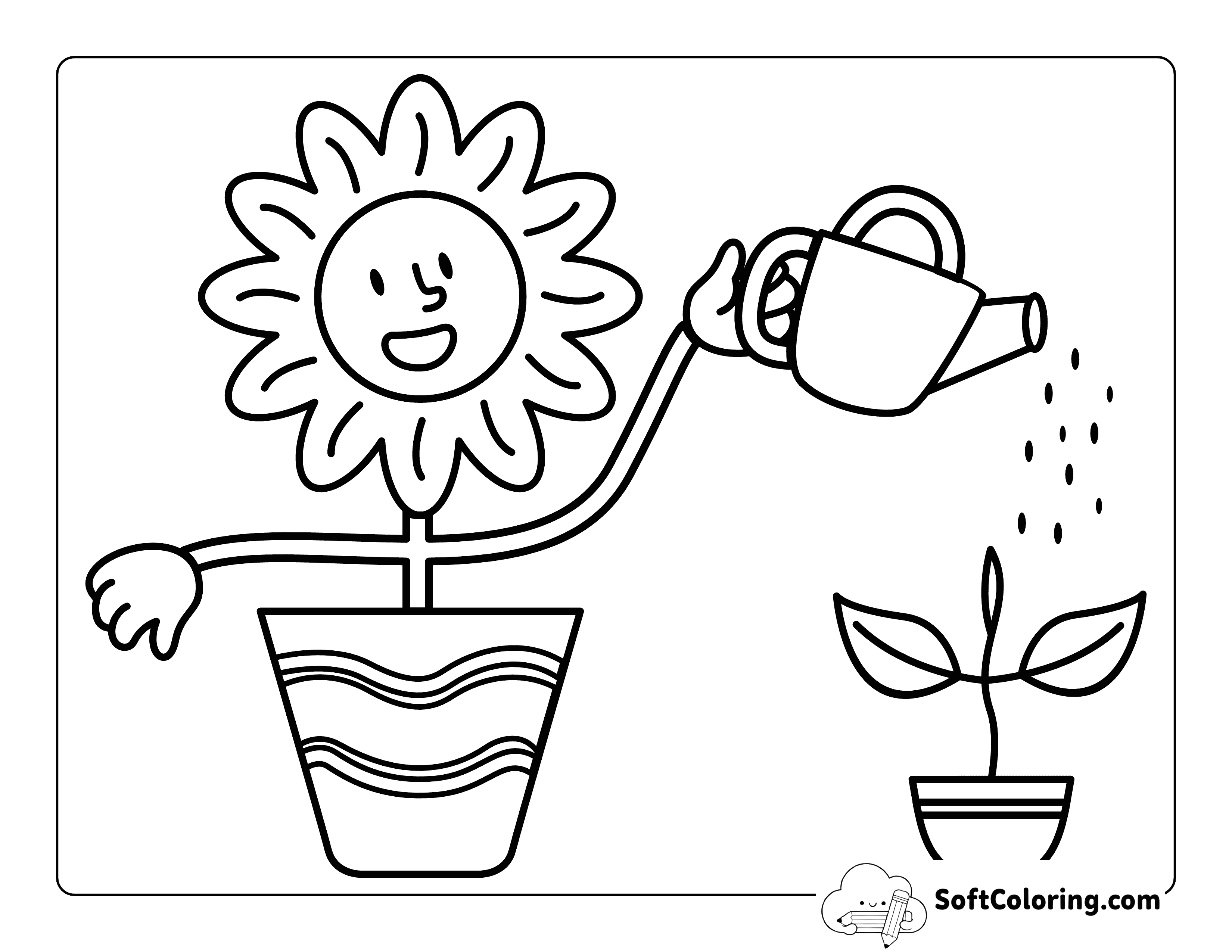 Easy Sunflower Watering Seedling Coloring Sheet for Kids