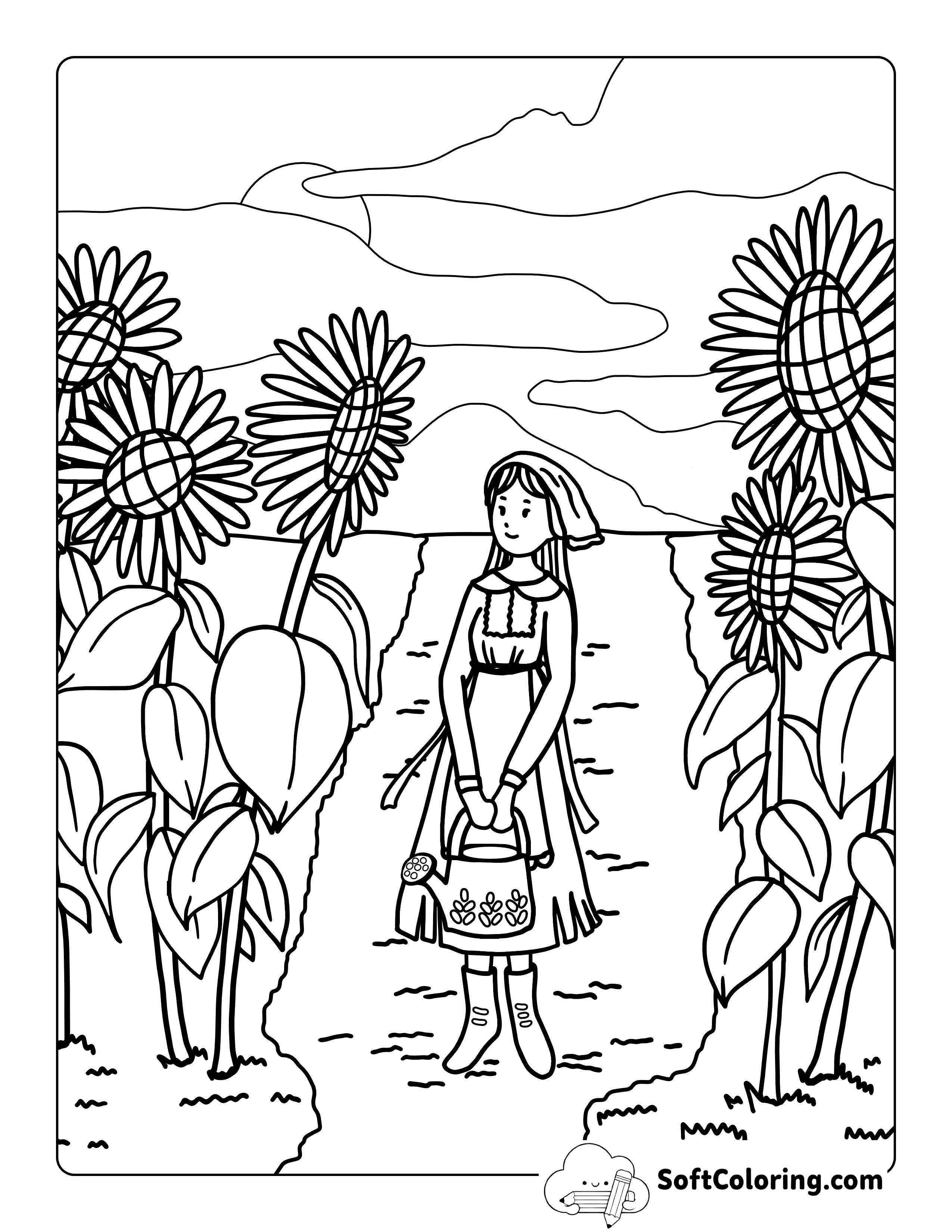 Cute Cottagecore Field of Sunflowers Coloring Page