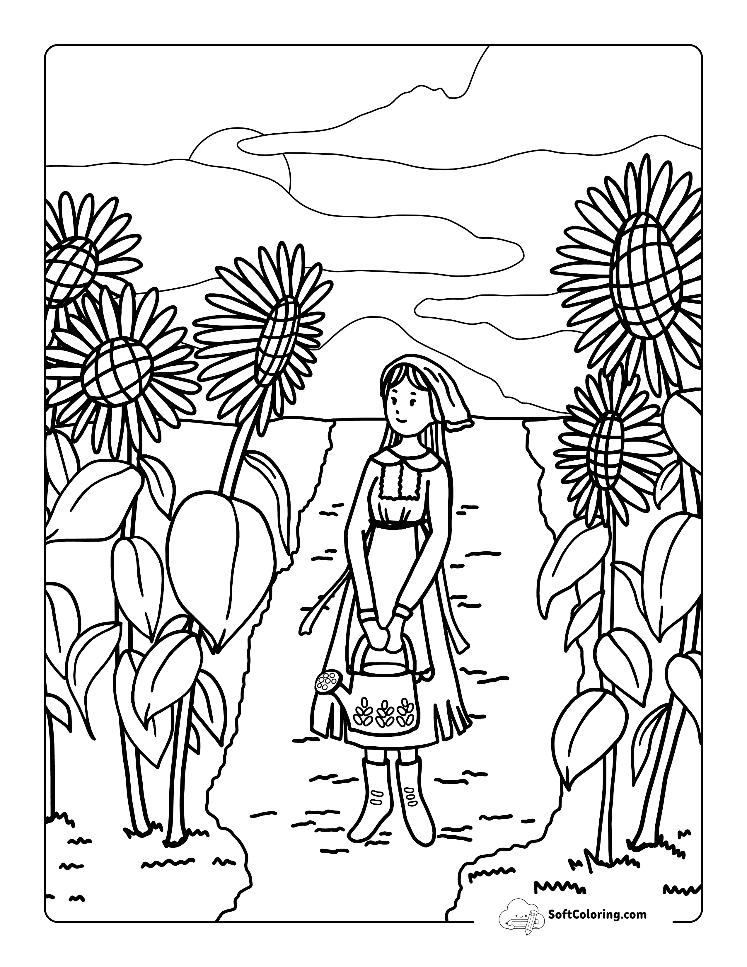 Cute Cottagecore Field Of Sunflowers Coloring Page