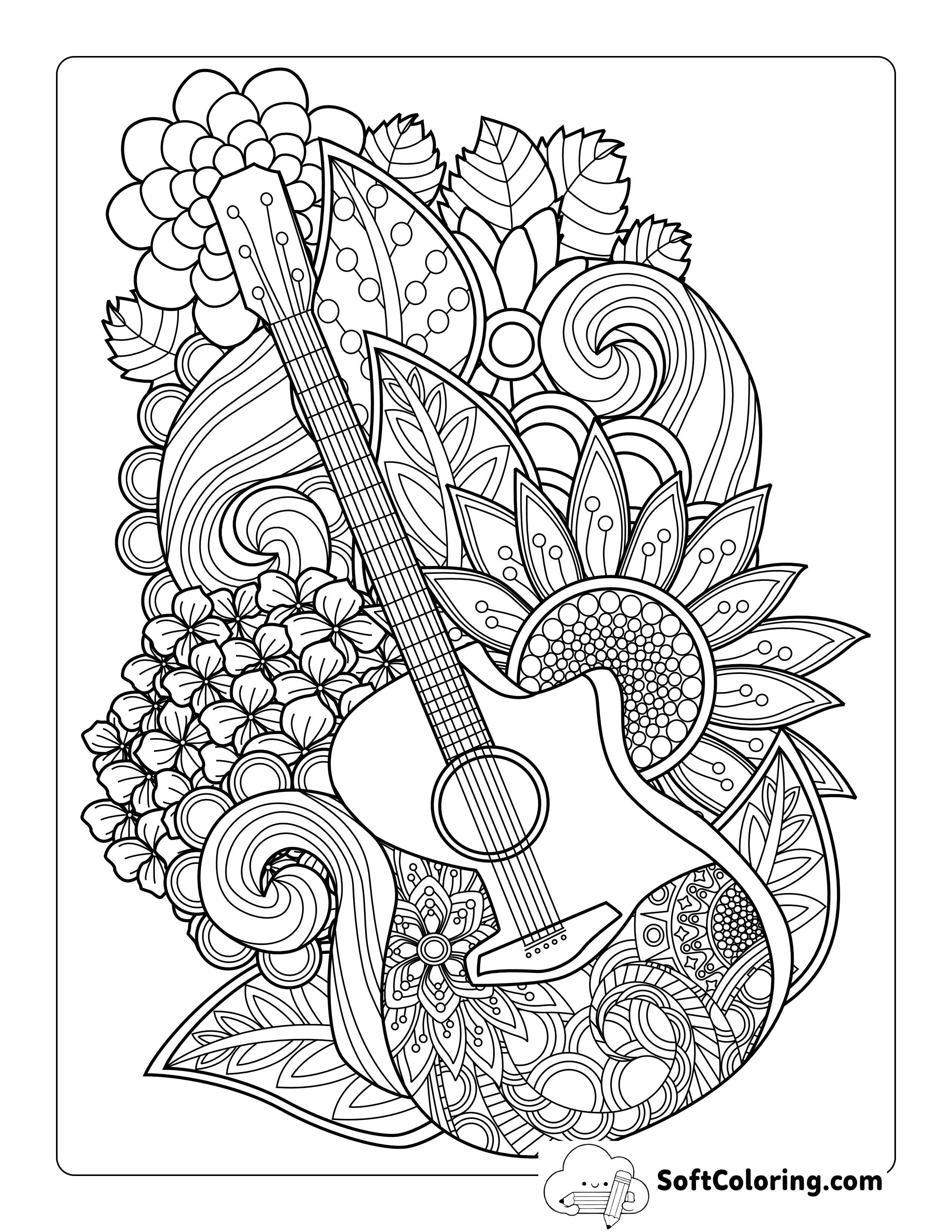 Boho Guitar, Flowers, and Sunflower Printable Zentangle for Adults
