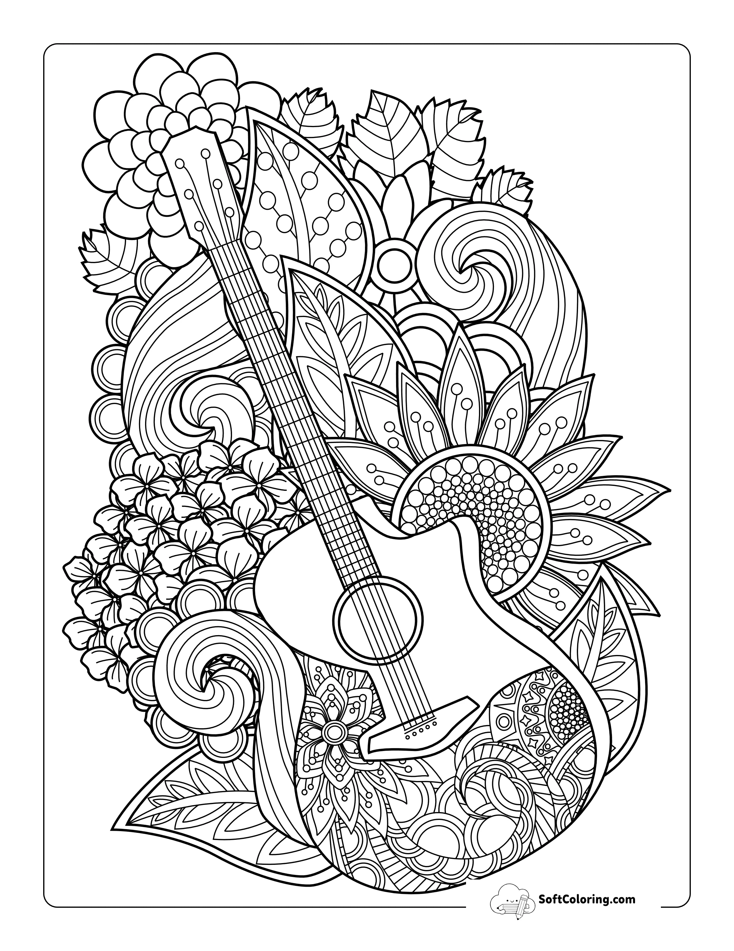 Boho Guitar, Flowers, And Sunflower Printable Zentangle For Adults
