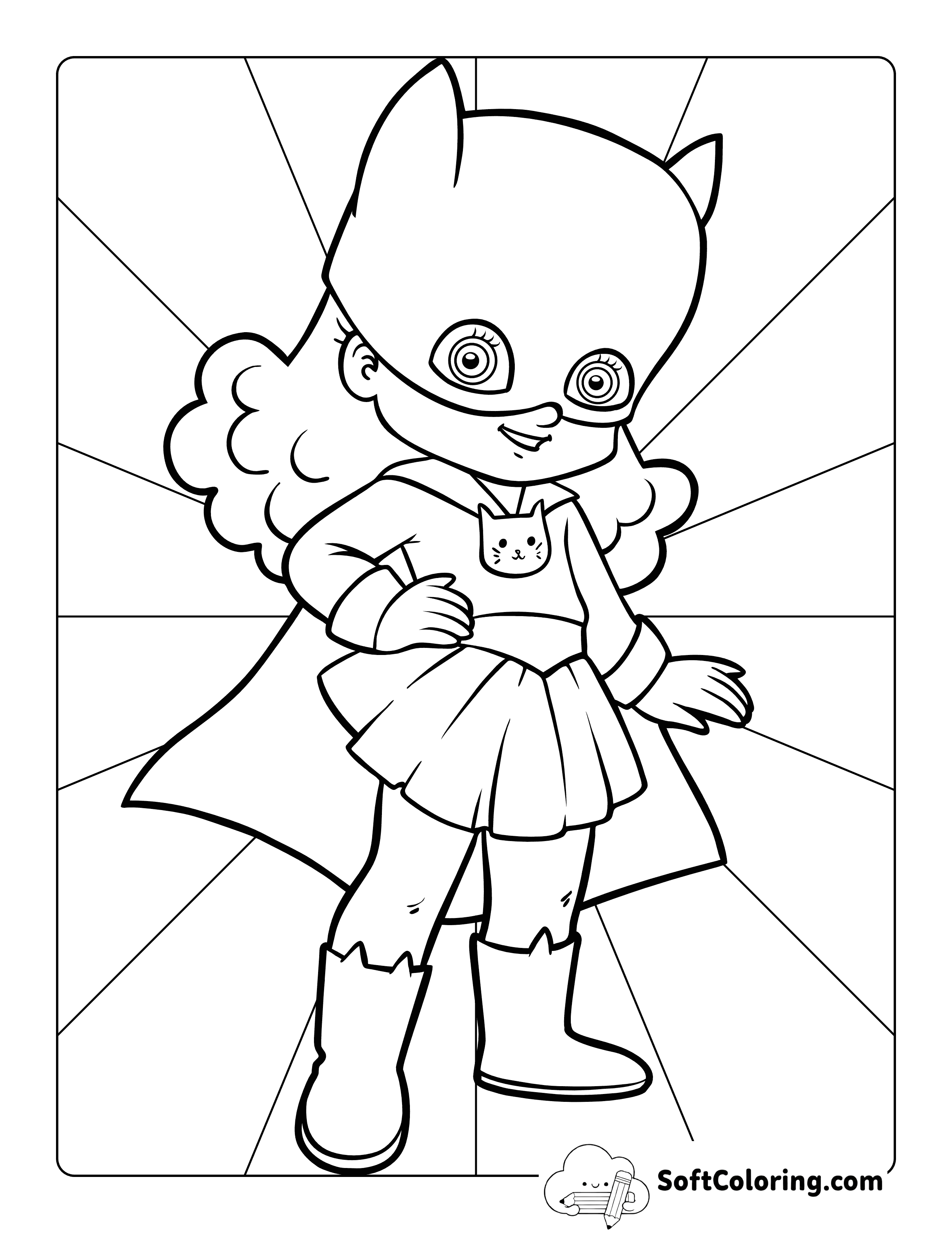 Easy Super Girl with Cat Outfit and Cape Superhero Coloring Page