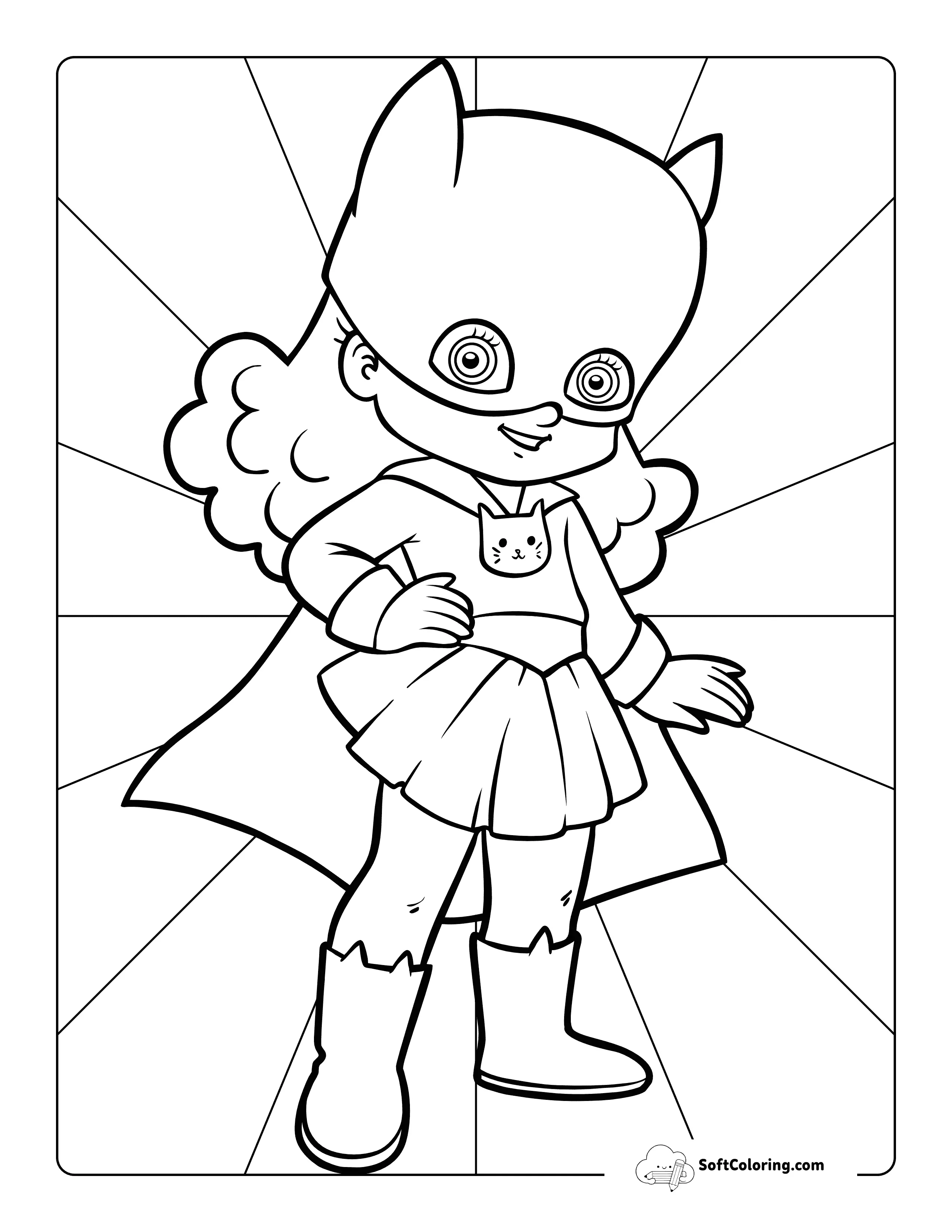 Easy Super Girl With Cat Outfit And Cape Superhero Coloring Page
