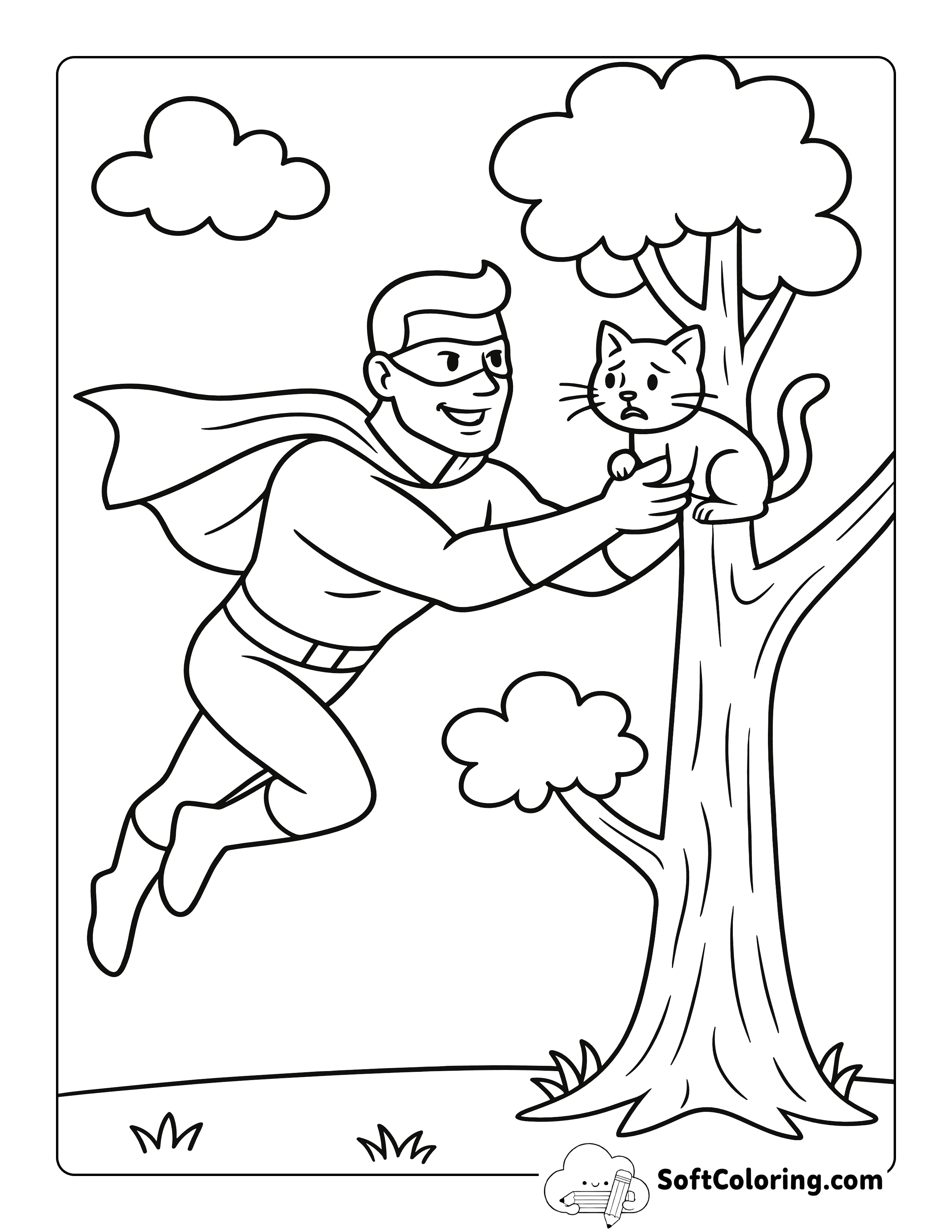 Rescuing Kitty from a Tree - Superhero Coloring Sheet