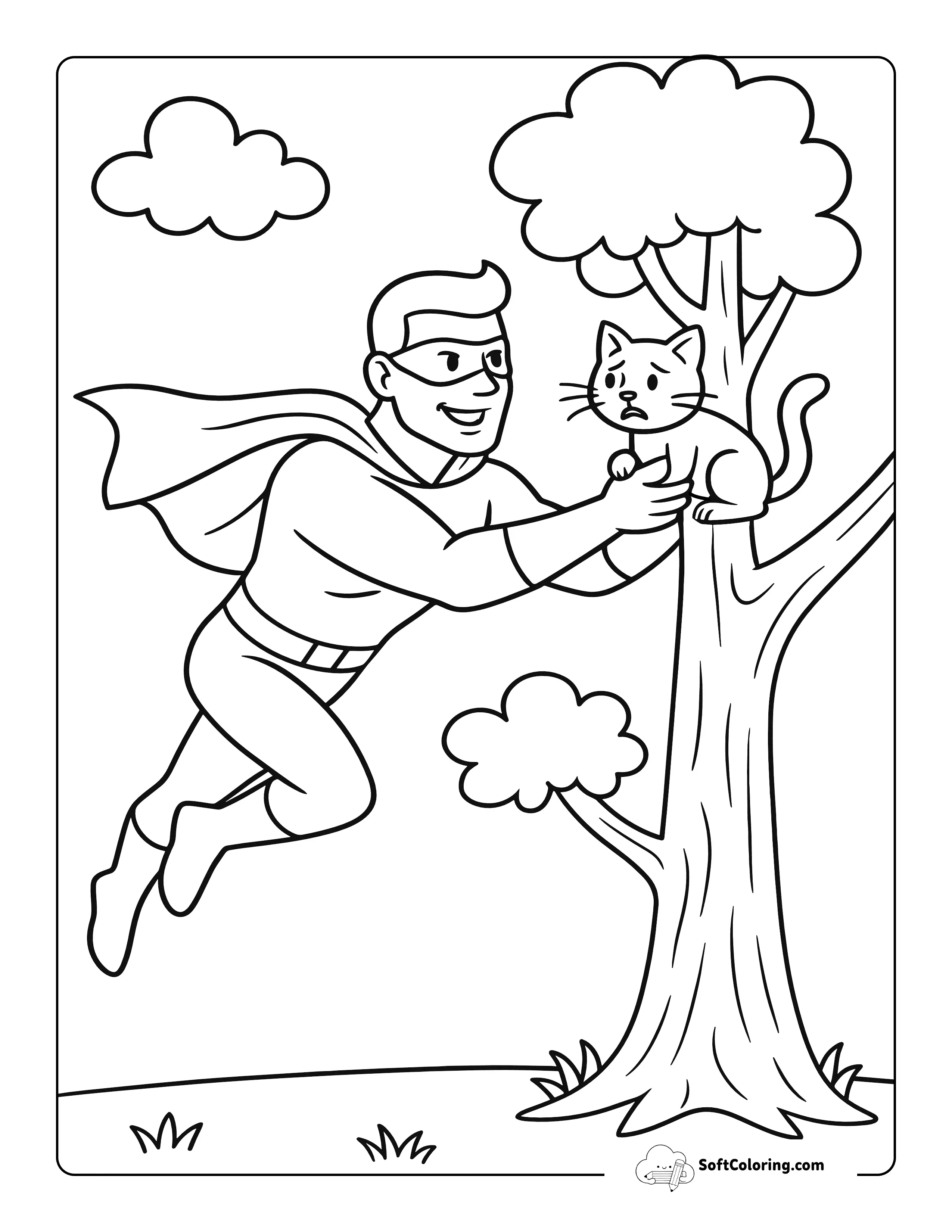 Rescuing Kitty From A Tree - Superhero Coloring Sheet