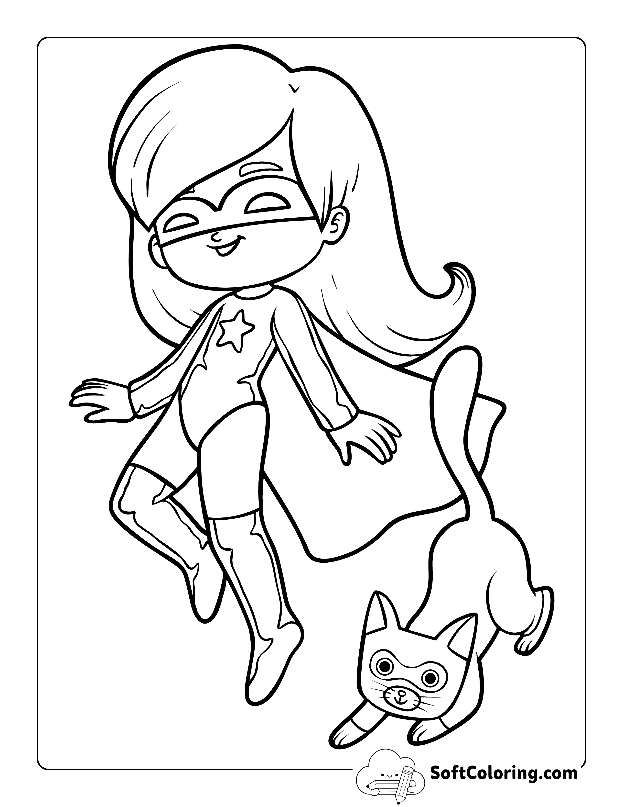 Super Girl with Cat Mascot Superhero Coloring Page