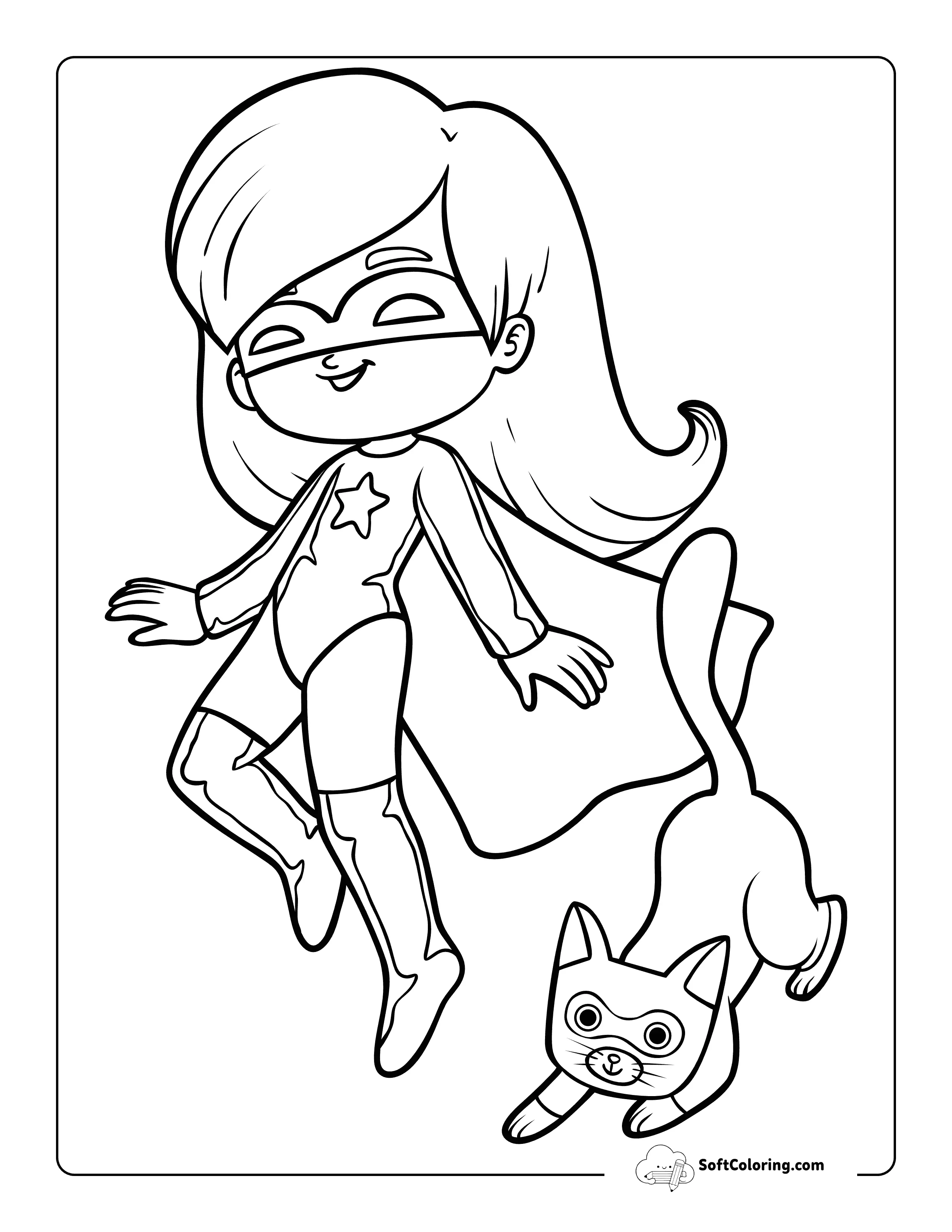 Super Girl With Cat Mascot Superhero Coloring Page