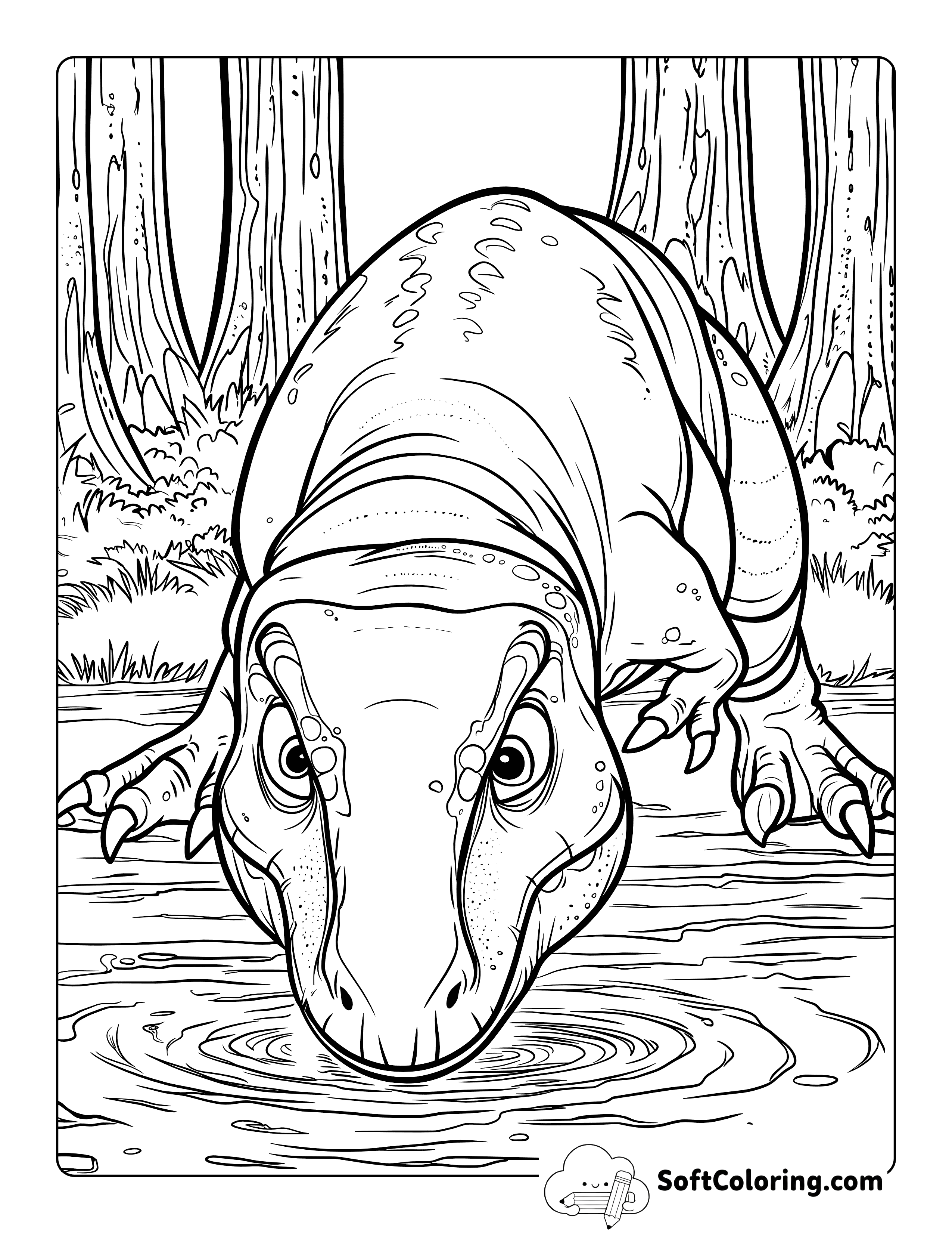 Cute Realistic T-Rex Drinking Water Coloring Page