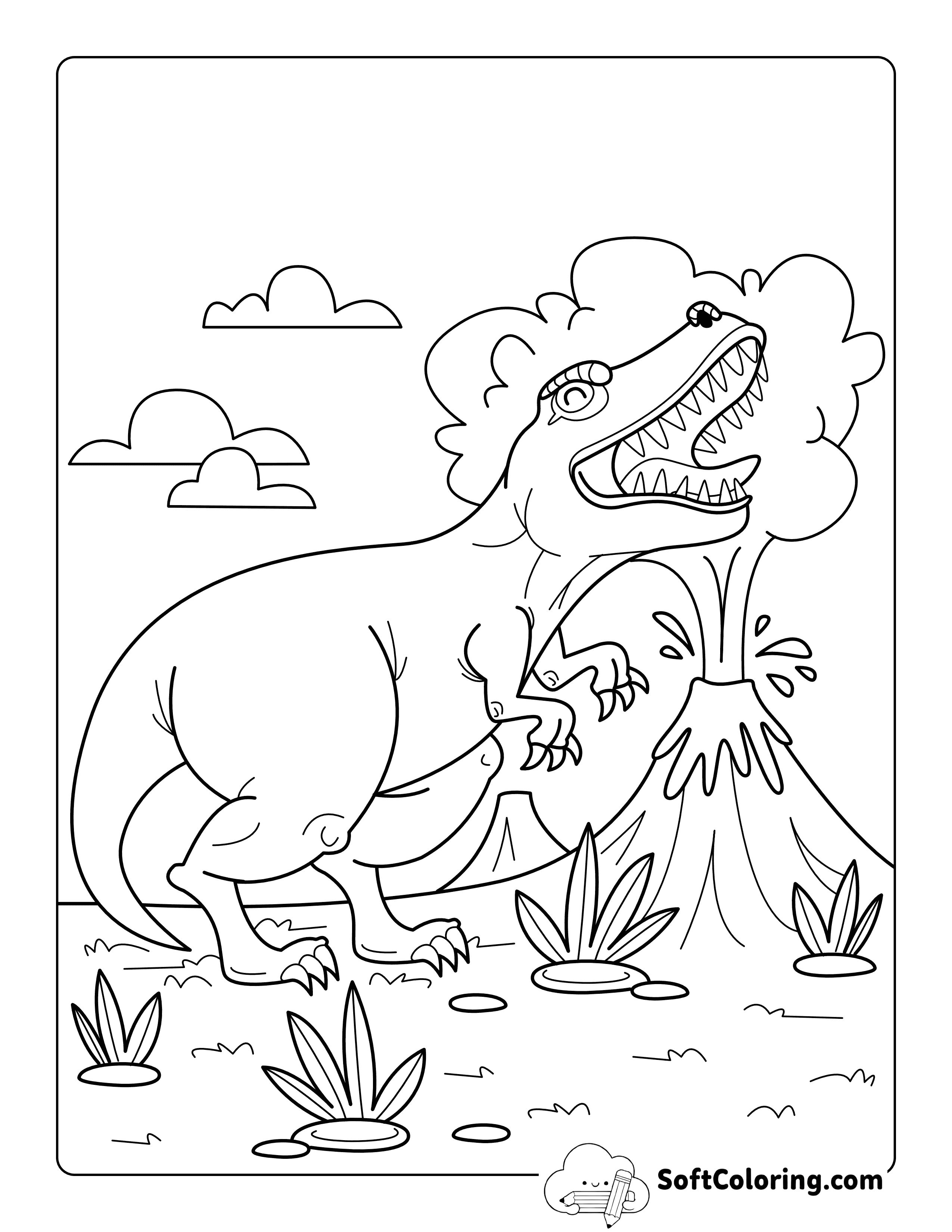 NEW! Simple VOlcano Explosion and T-Rex Coloring Page