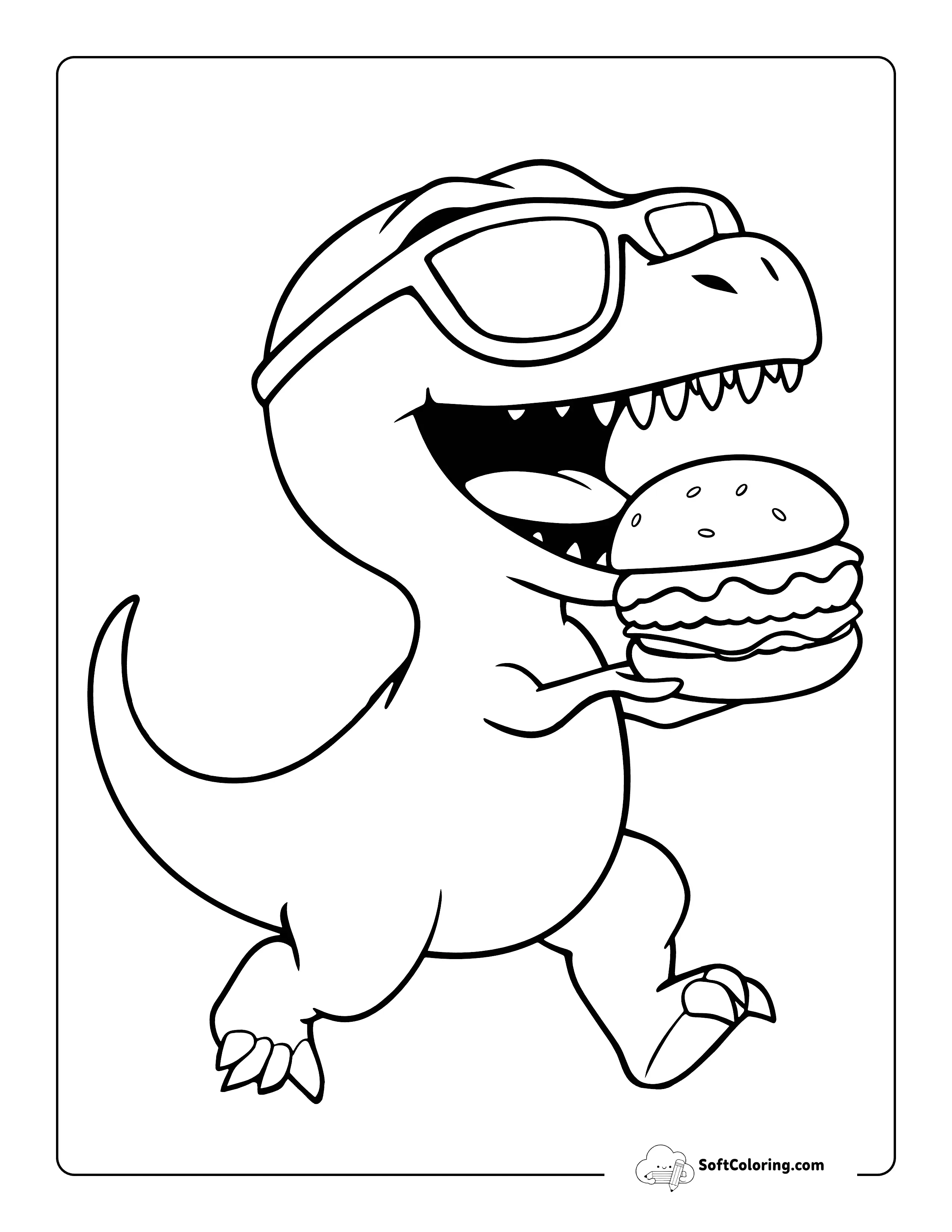 Cute T-Rex Eating A Hamburger Coloring Sheet Printable