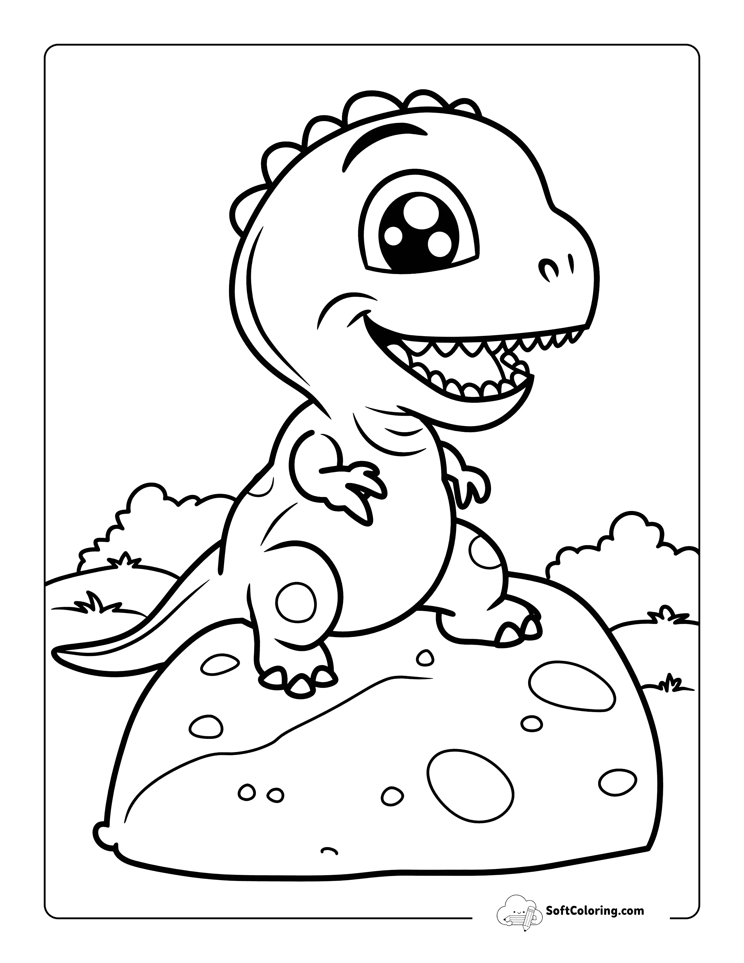Cute T-Rex On A Rock Coloring Page For Preschoolers