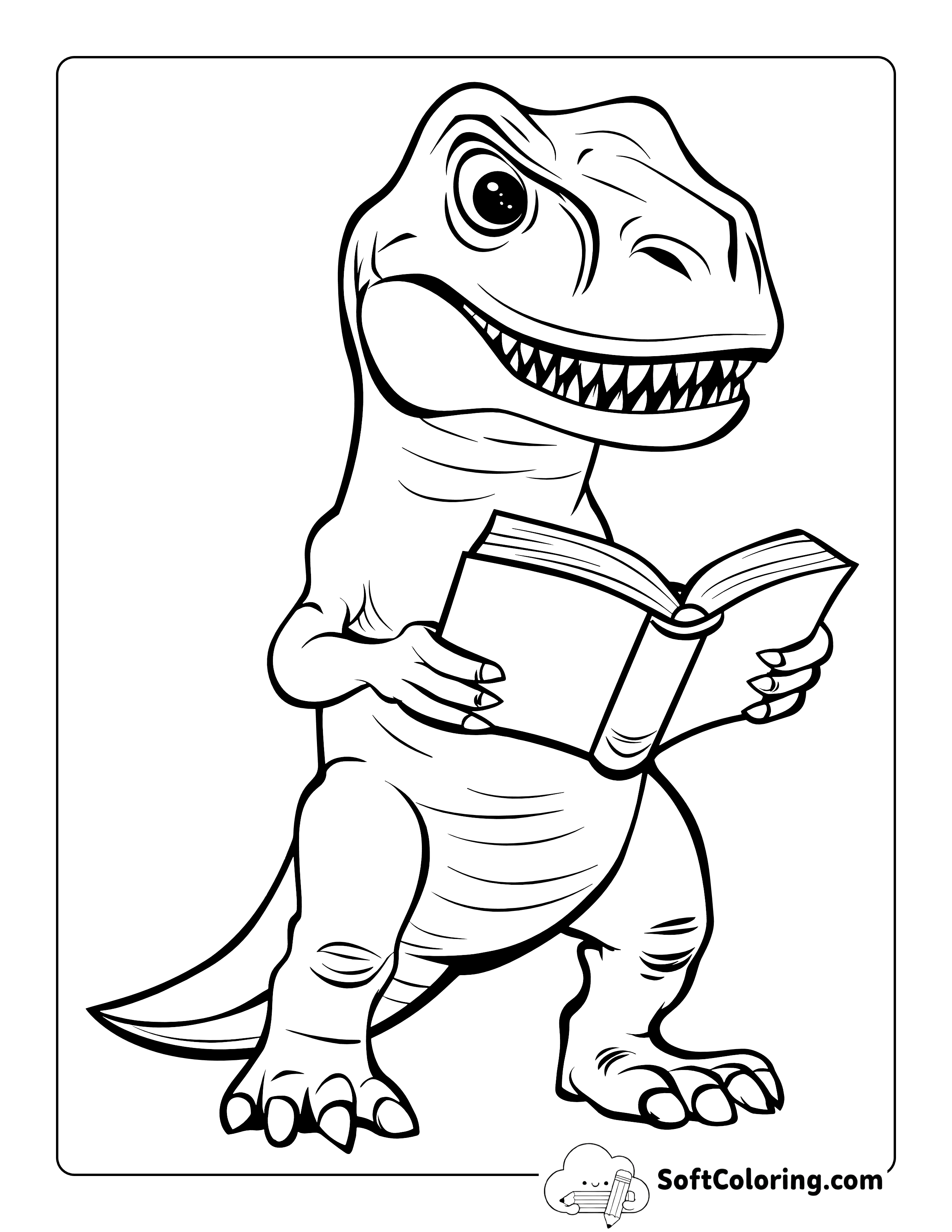 T-Rex Reading a Book Coloring Page for Kids