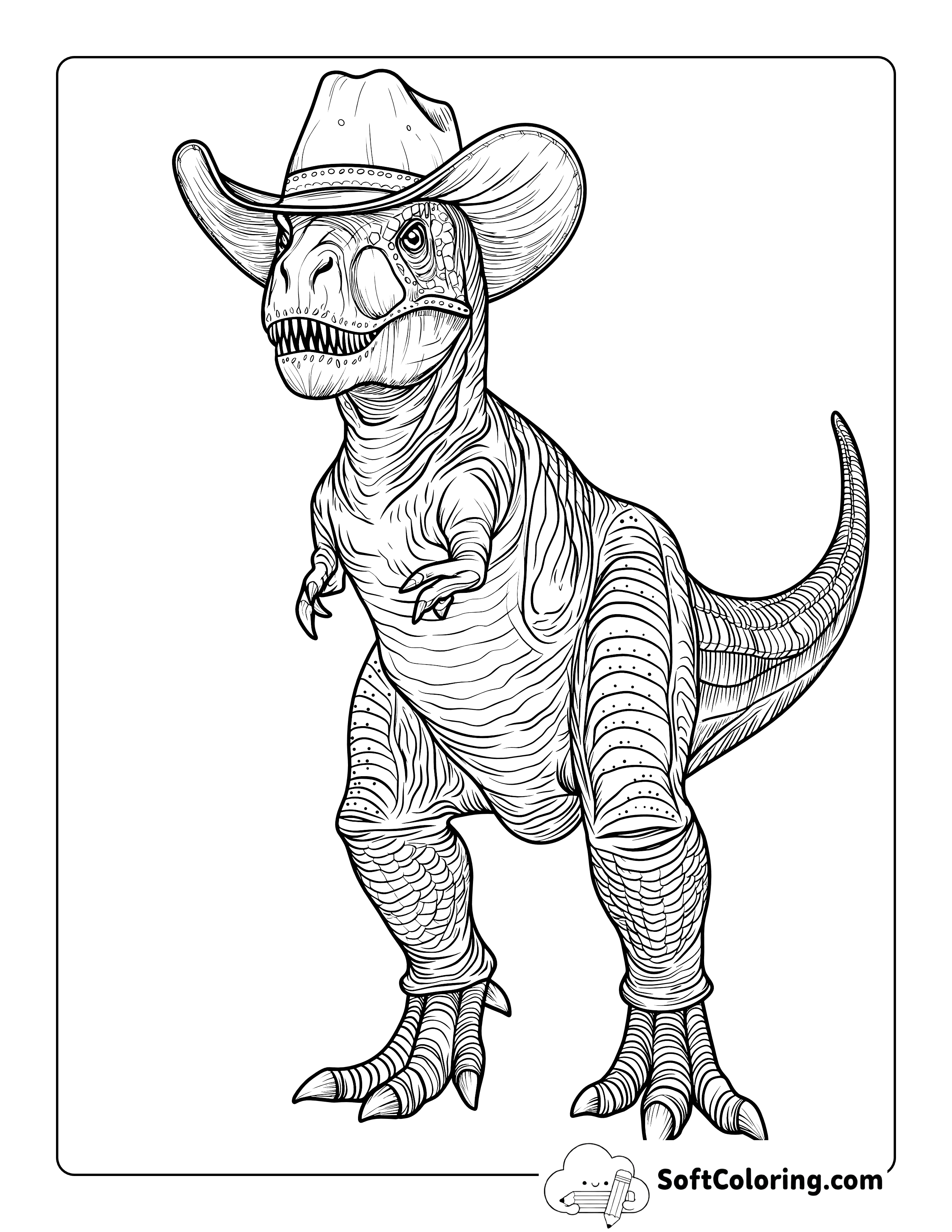 Realistic Cowboy T-Rex Coloring Sheet for Adults