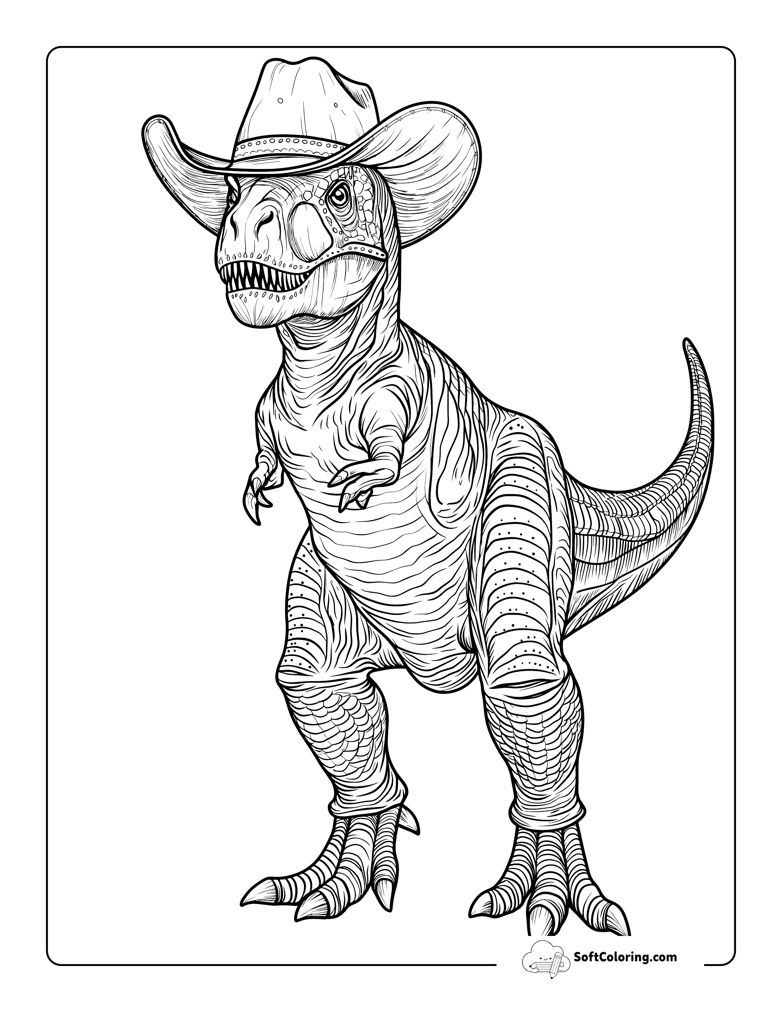 Realistic Cowboy T-Rex Coloring Sheet For Adults