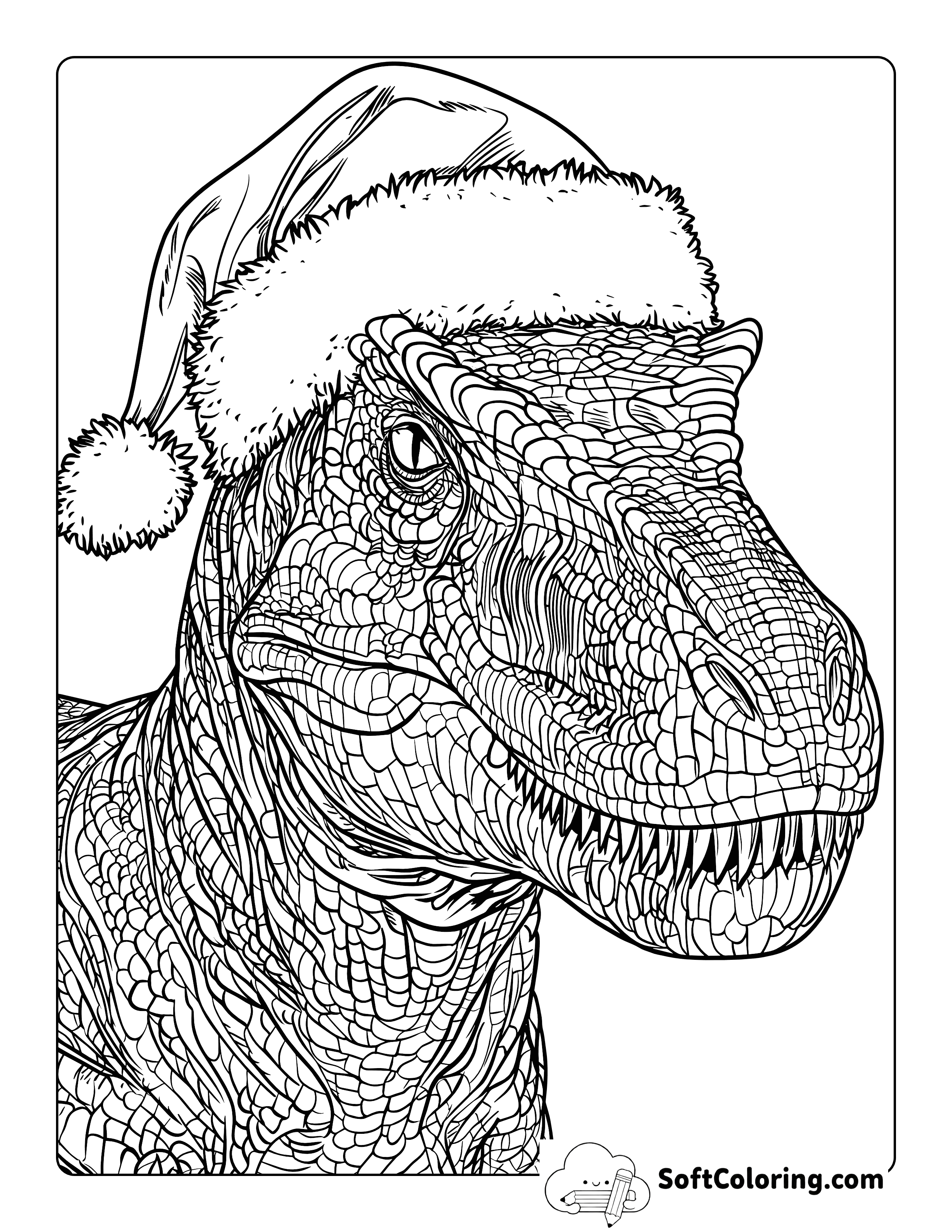 Realistic T-Rex in a Santa Hat Coloring Page for Adults