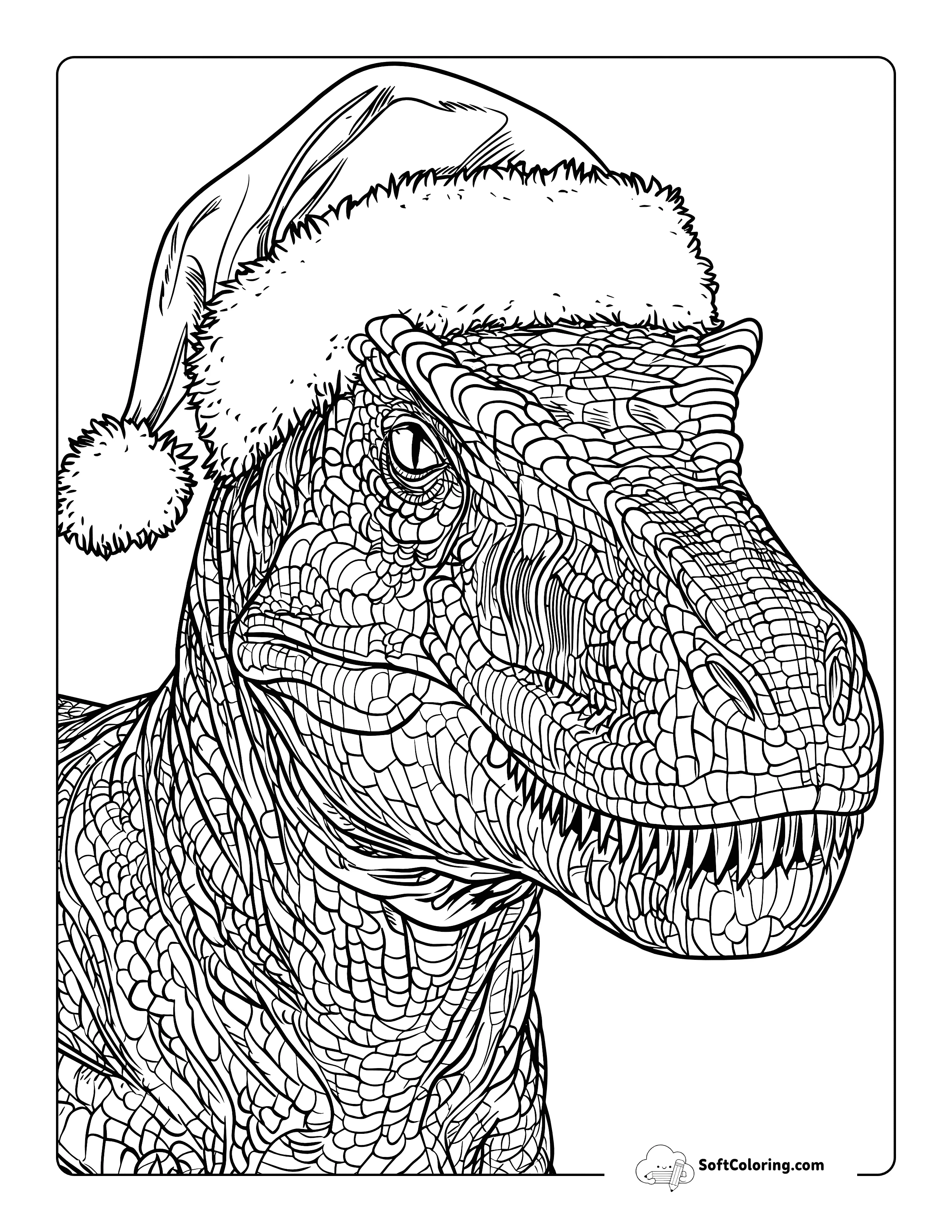 Realistic T-Rex In A Santa Hat Coloring Page For Adults