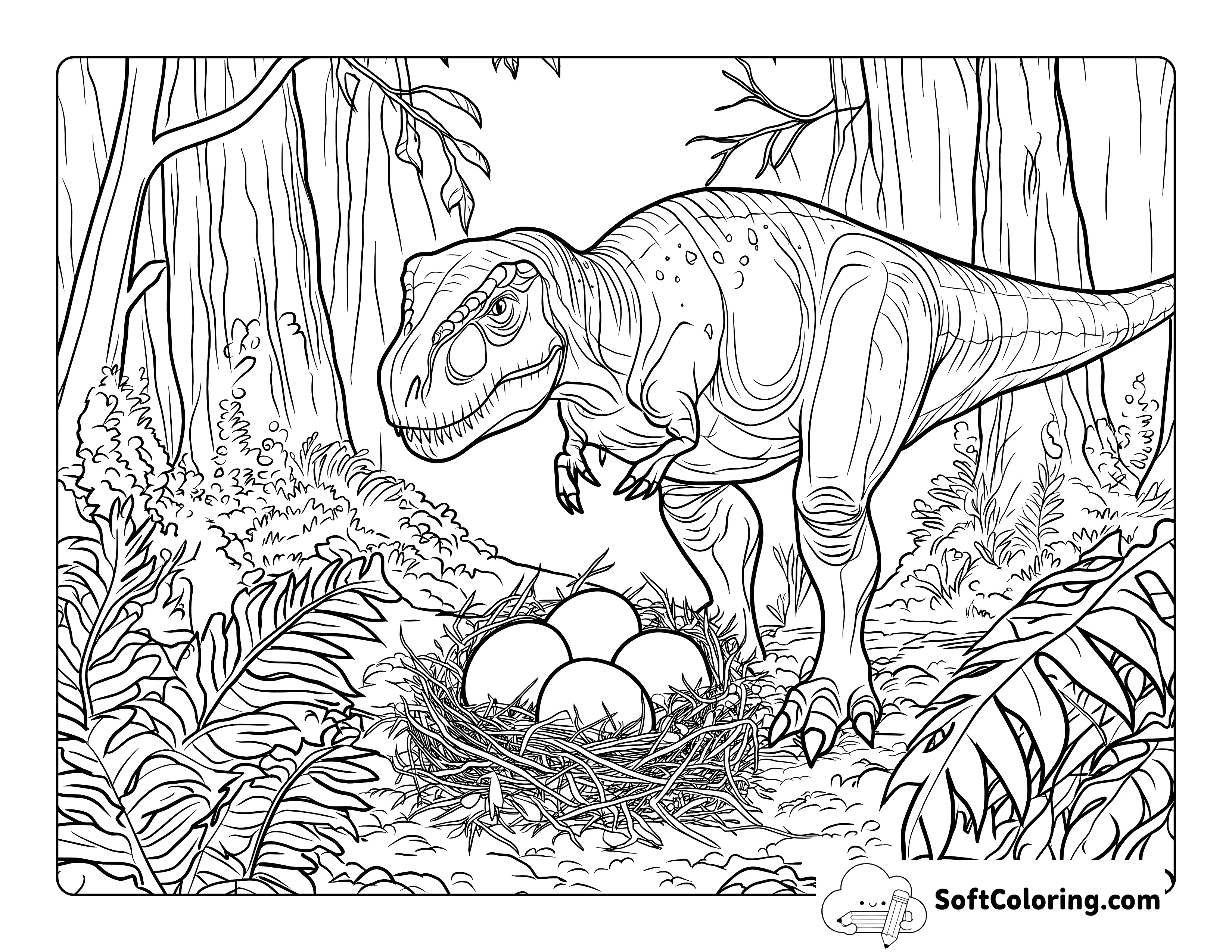 Realistic T-Rex With Eggs Coloring Sheet Printable