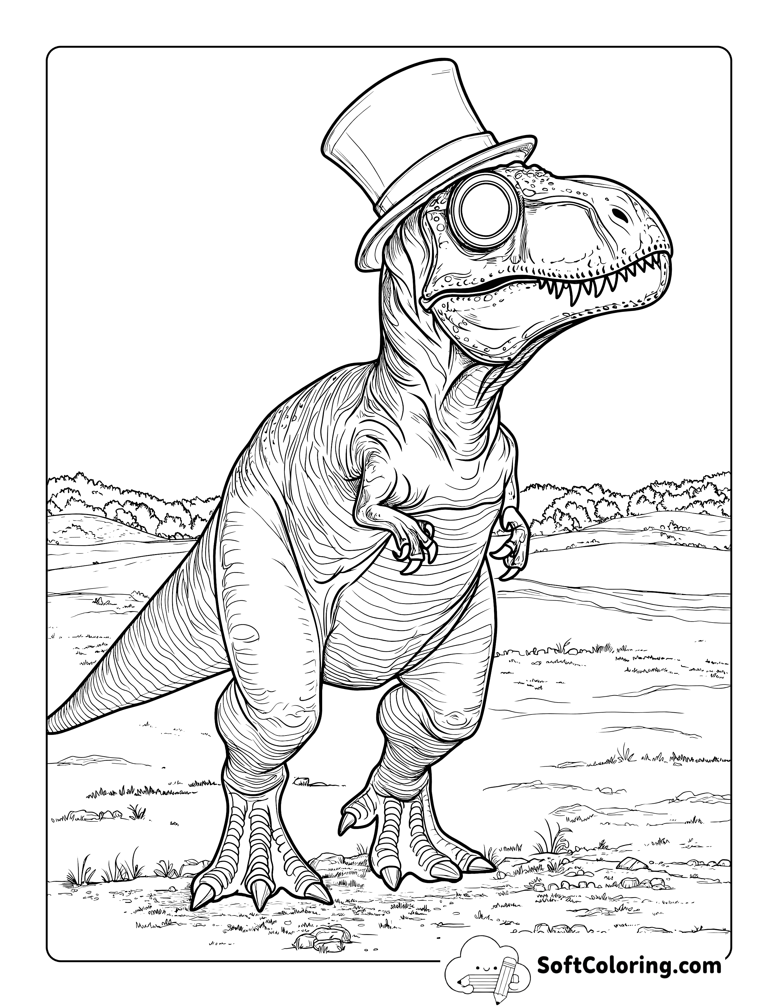 Detailed Dapper Steampunk Tyrannosaurus Rex to Color for Adults