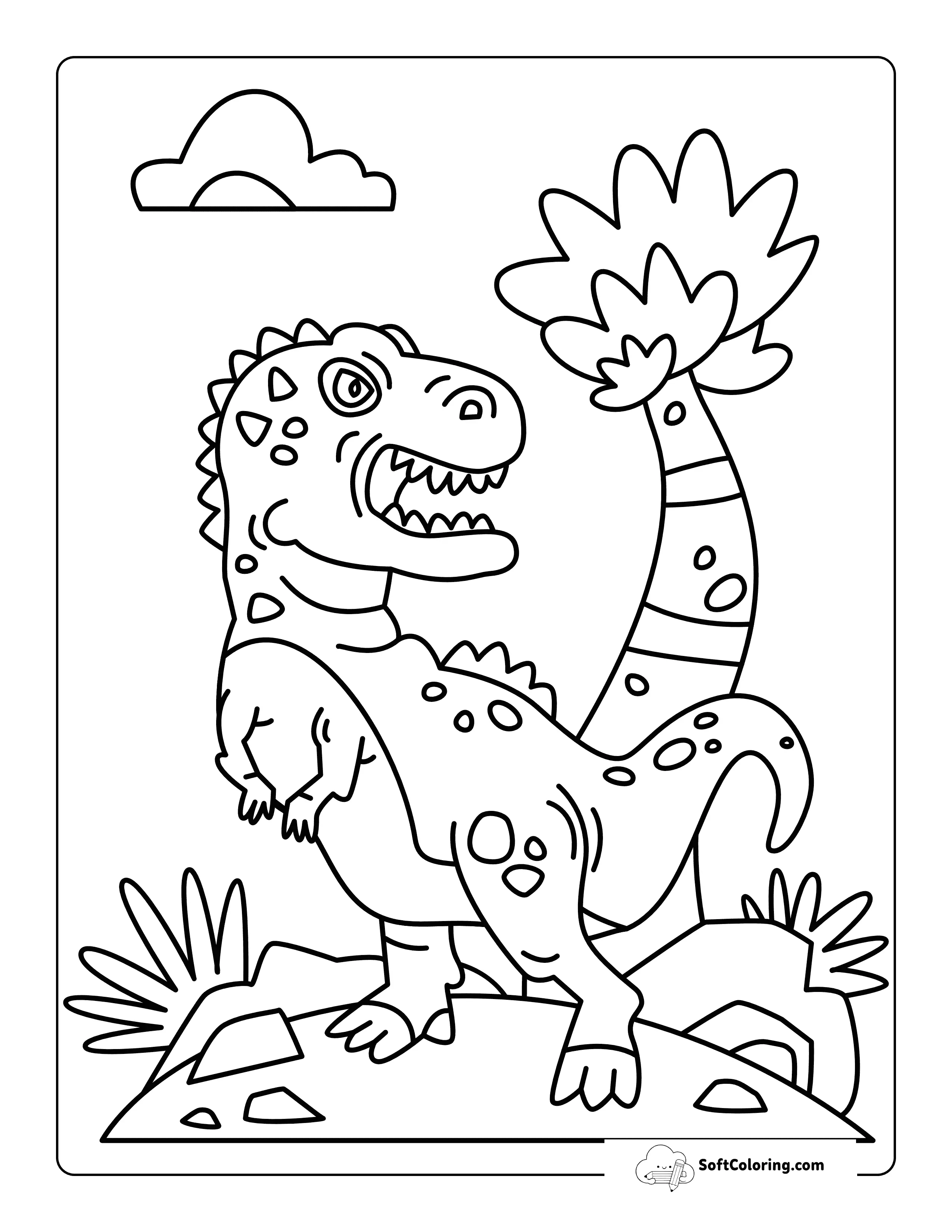 New! Simple Cartoon T-Rex Outline For Kids To Color