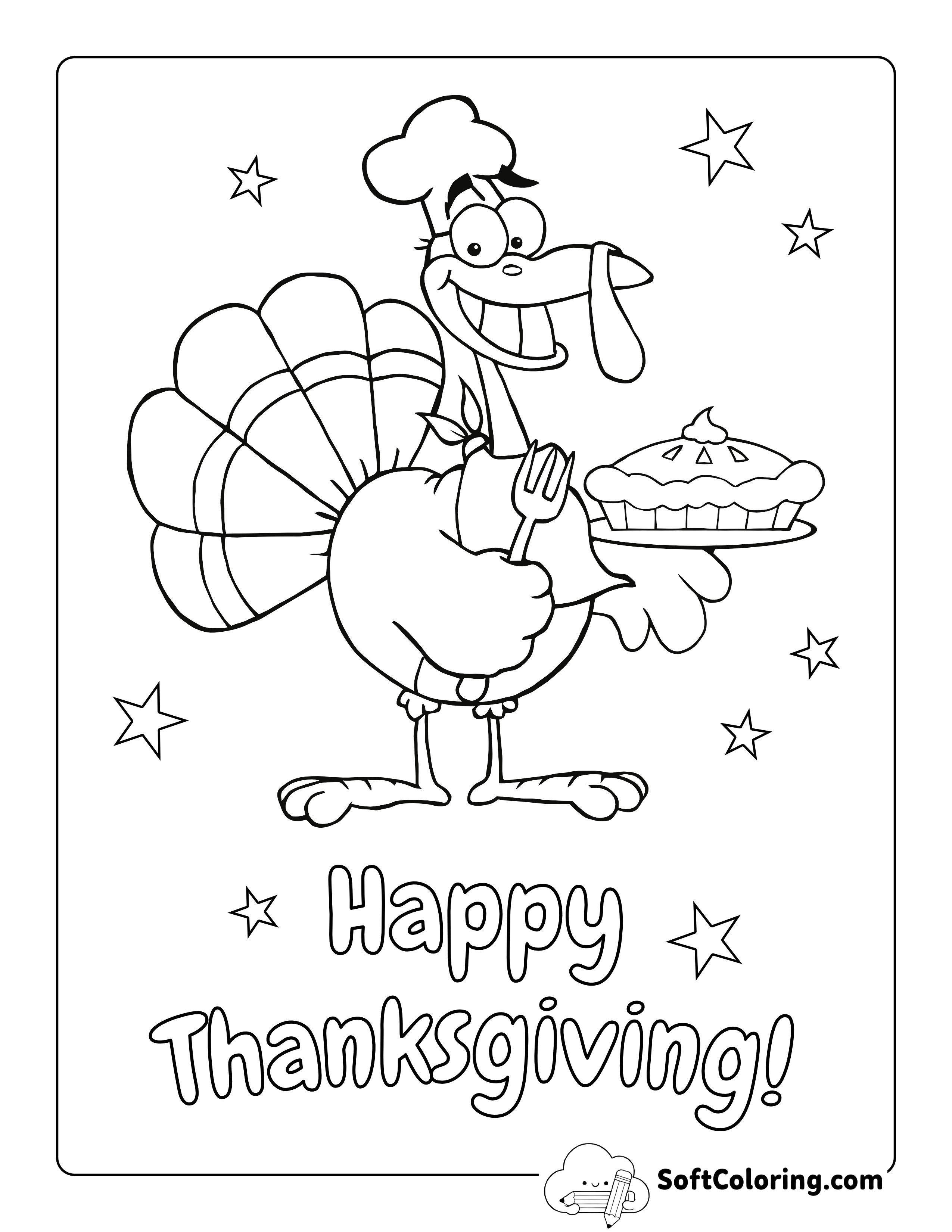 "Happy Thanksgiving" Cartoon Turkey with Pie Coloring Sheet
