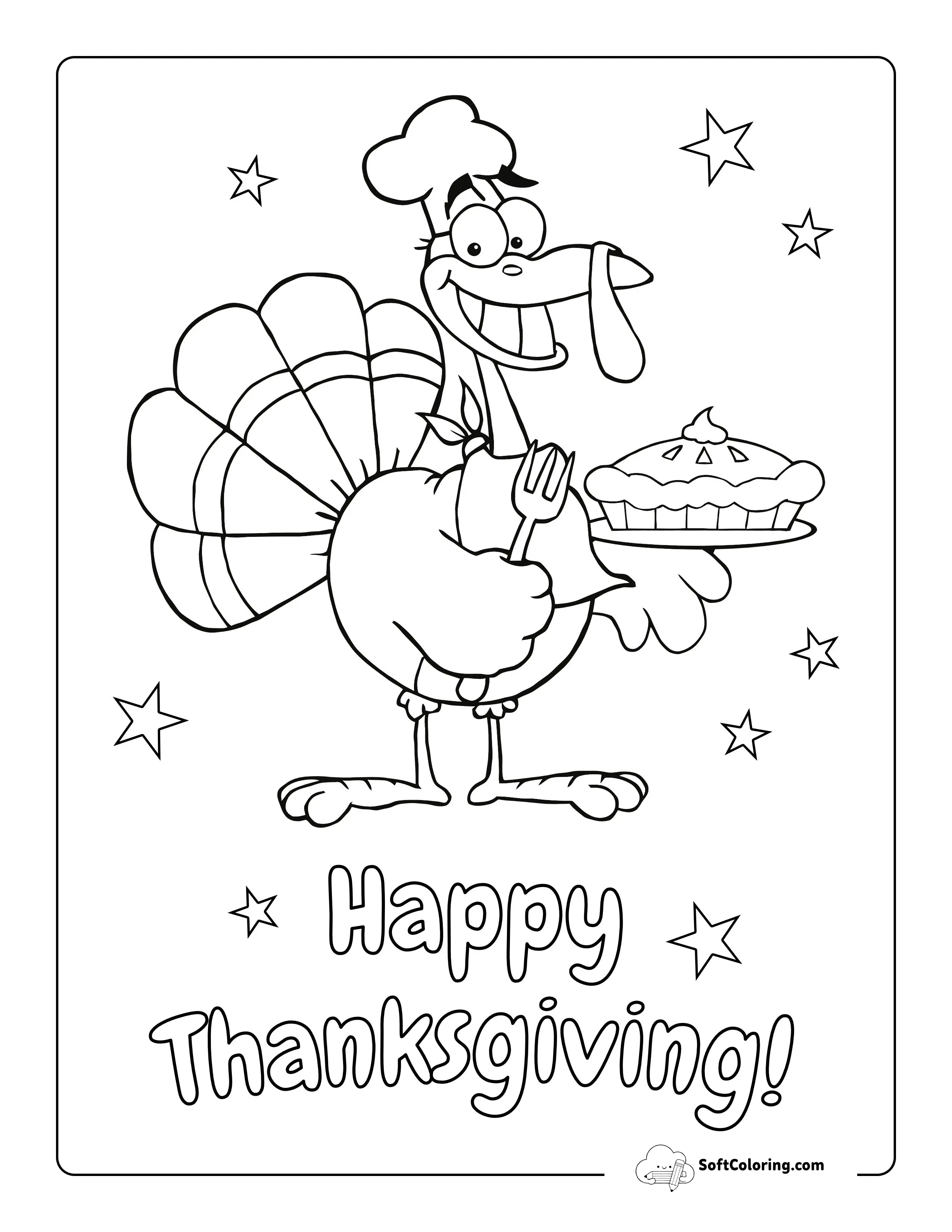 "Happy Thanksgiving" Cartoon Turkey With Pie Coloring Sheet