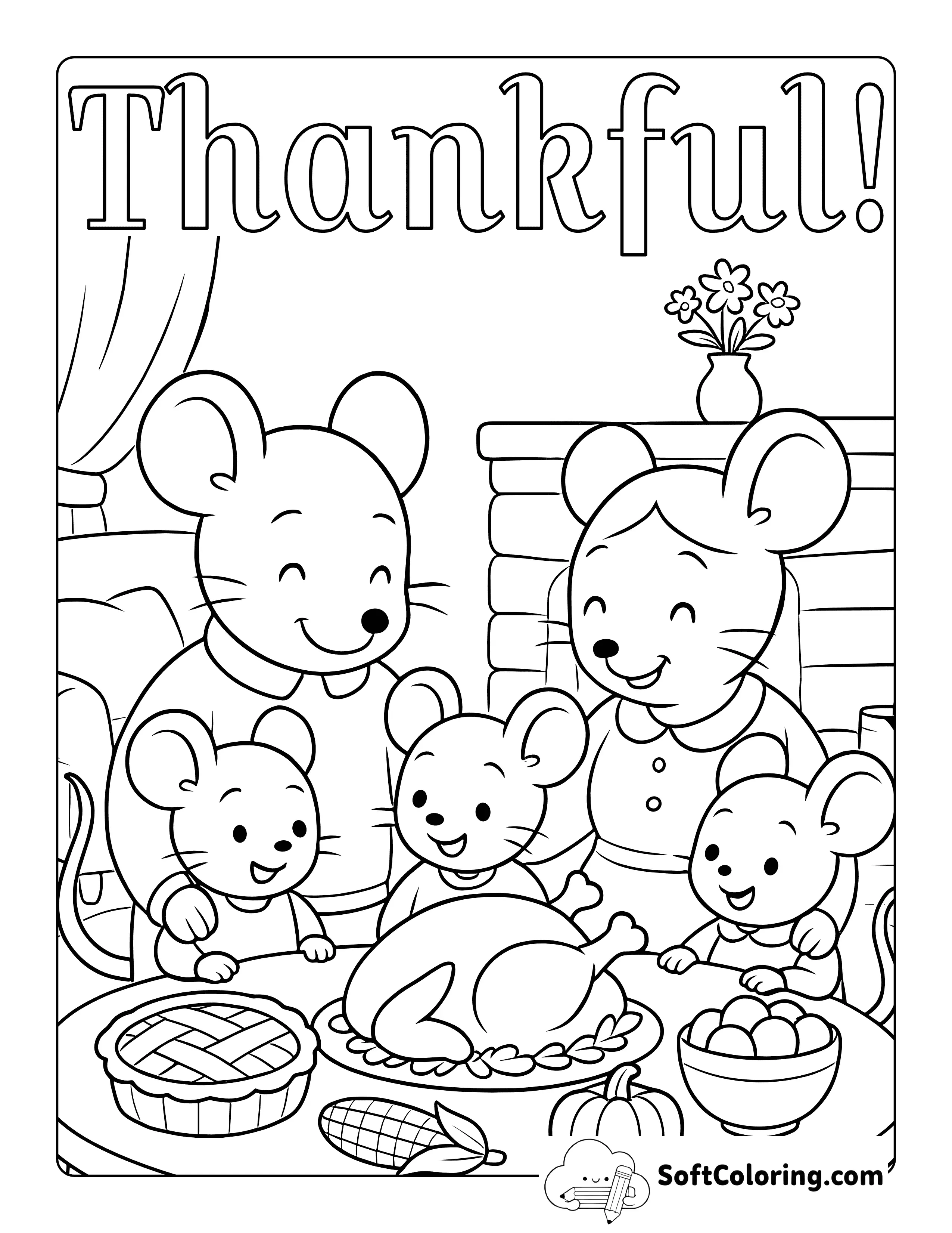 New "Thankful!" Mouse Family Cute Thanksgiving Coloring Page