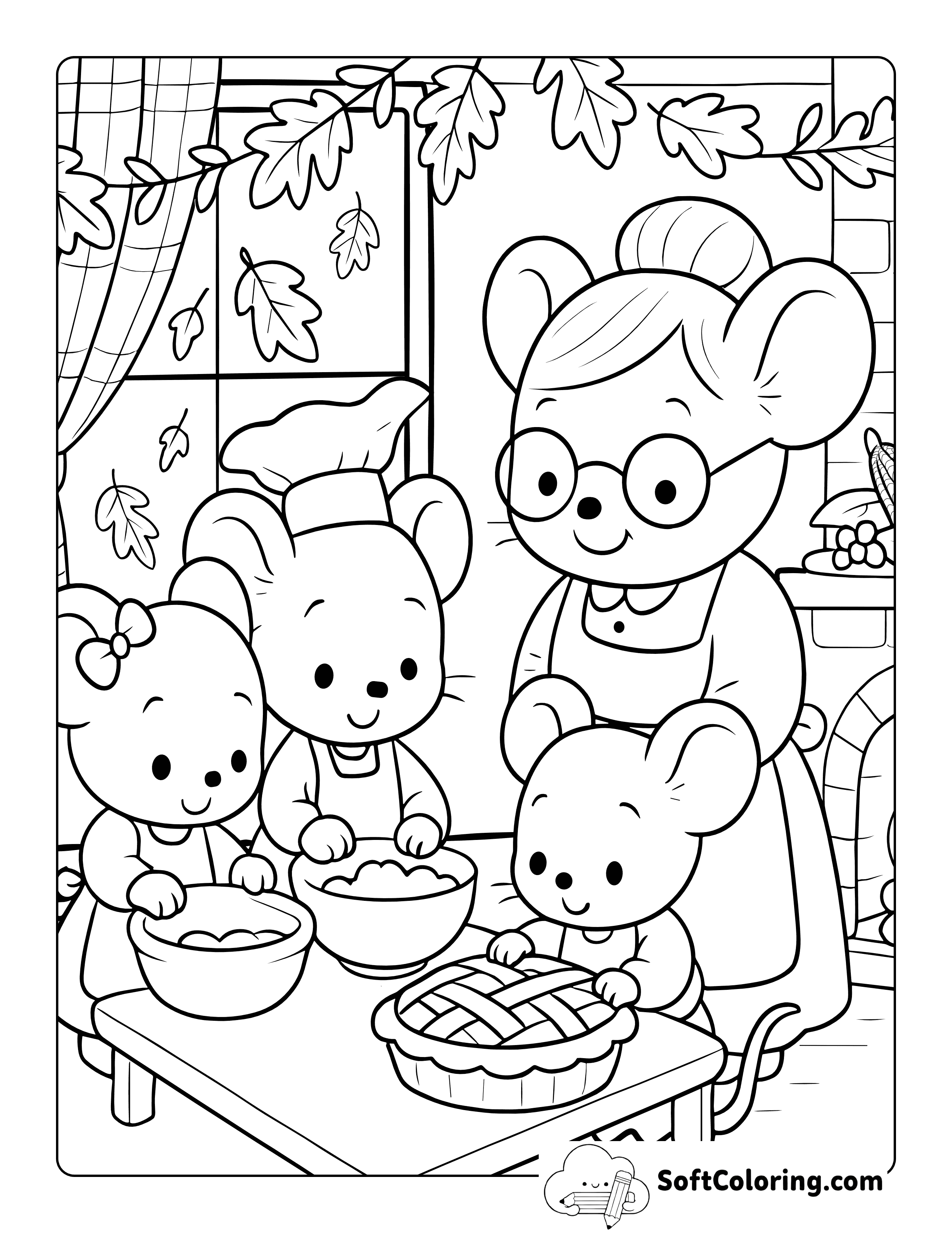 New Mouse Family Baking Pie Thanksgiving Coloring Sheet
