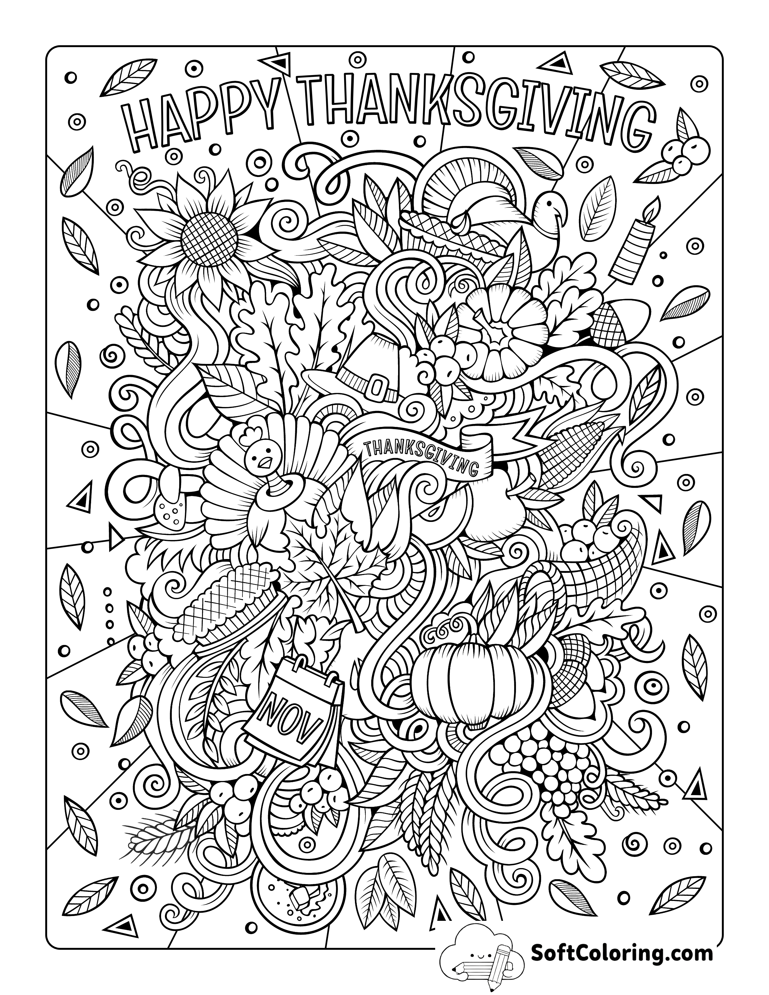 "Happy Thanksgiving" Doodle For Adults To Color