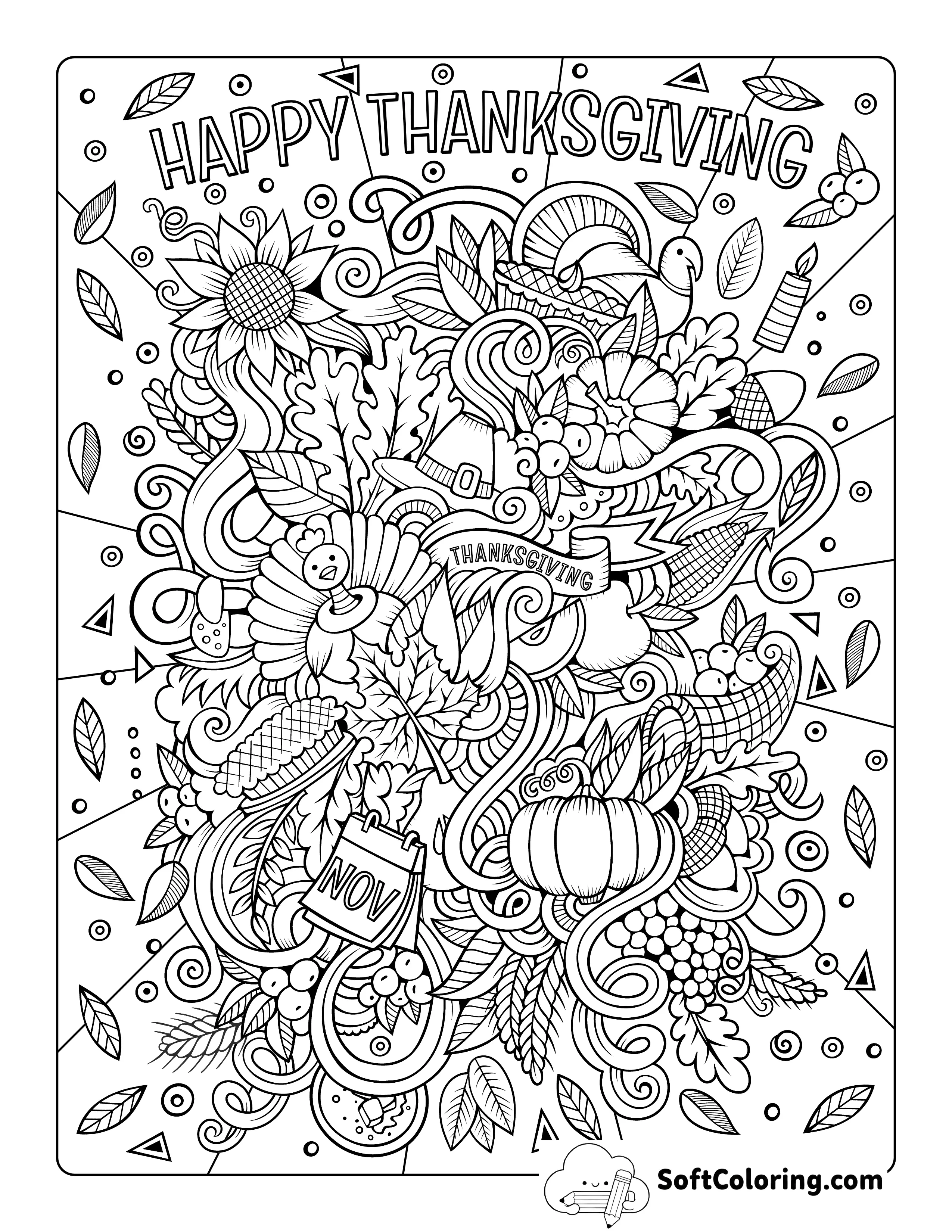 "Happy Thanksgiving" Doodle For Adults To Color