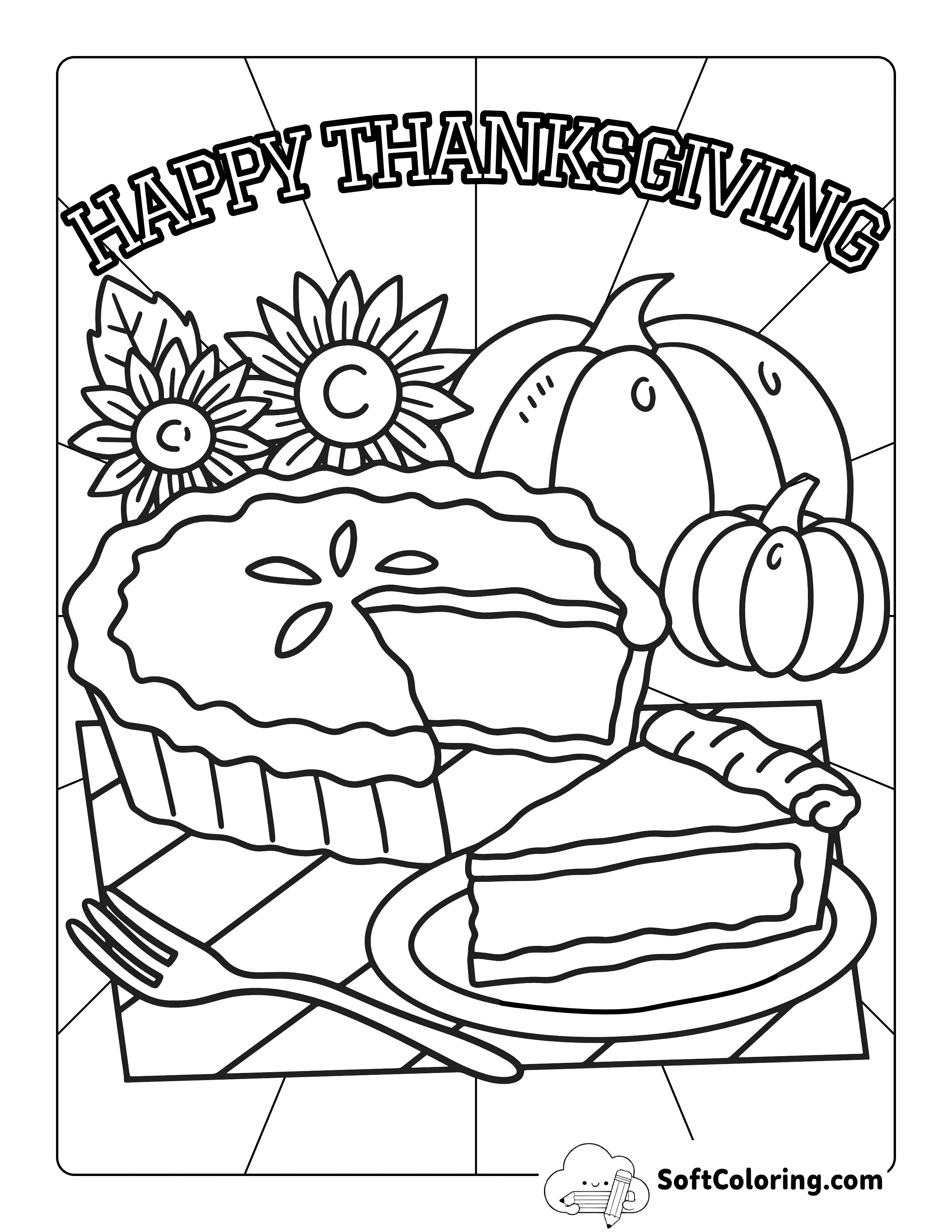 New Easy "Happy Thanksgiving" Pie Coloring Page