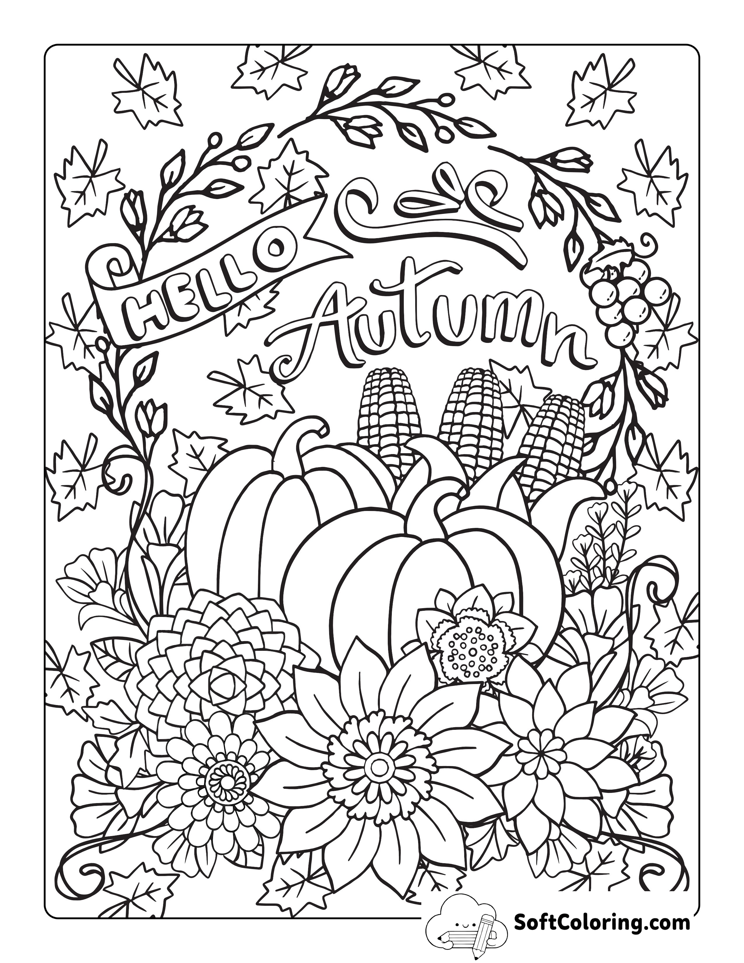 "Hello Autumn" Harvest Coloring Page with Flowers and Vegetables