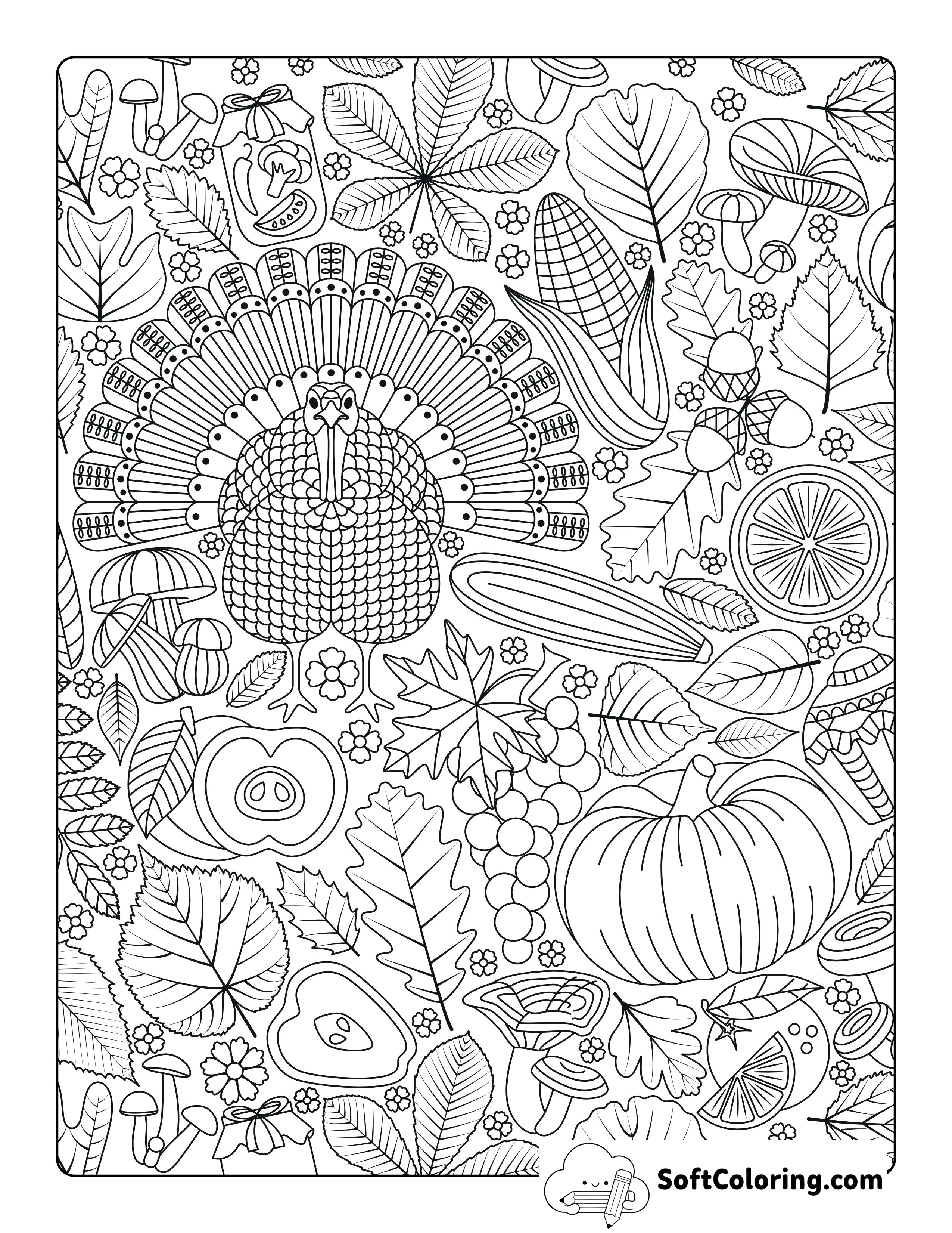 Detailed Thanksgiving Coloring Page For Adults (Hard)