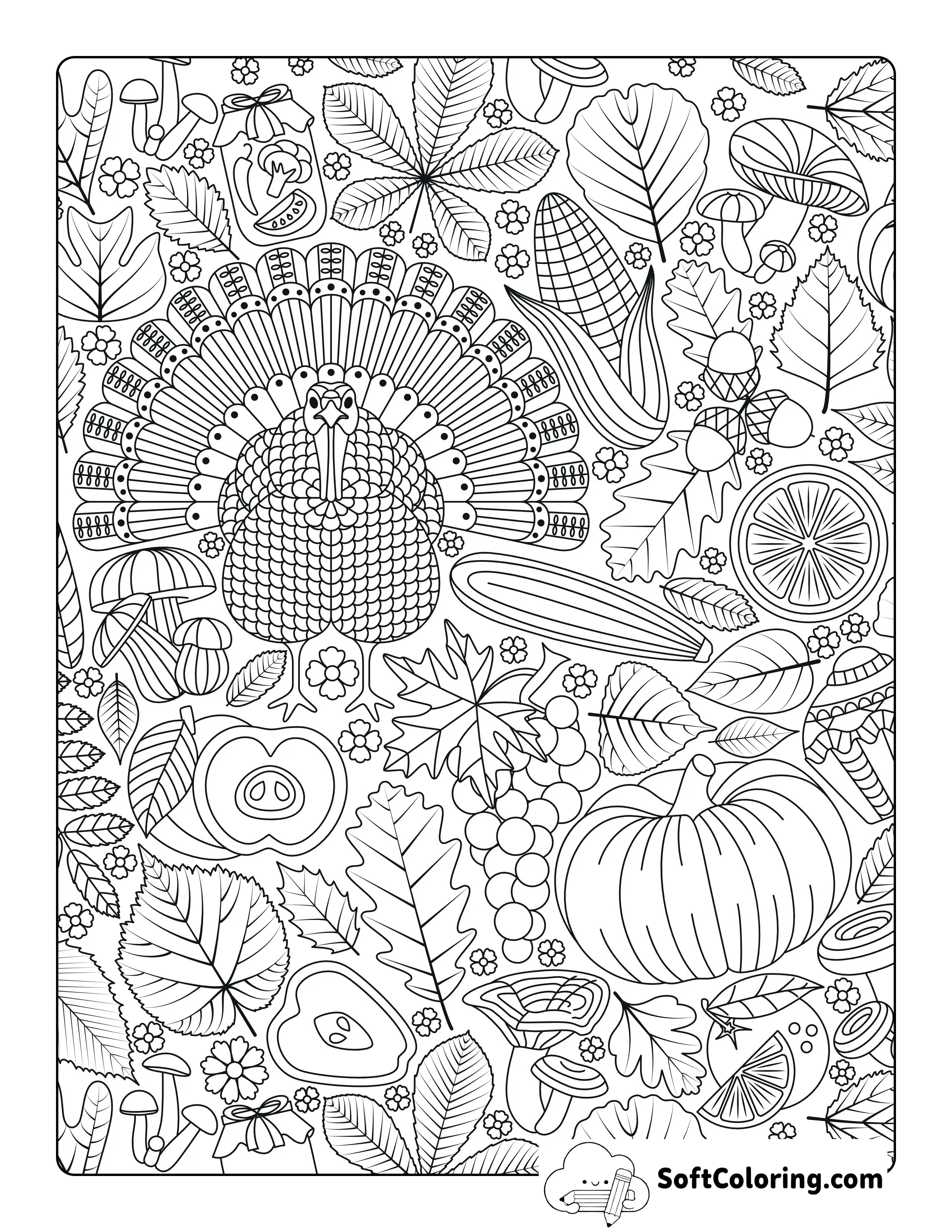Detailed Thanksgiving Coloring Page For Adults (Hard)