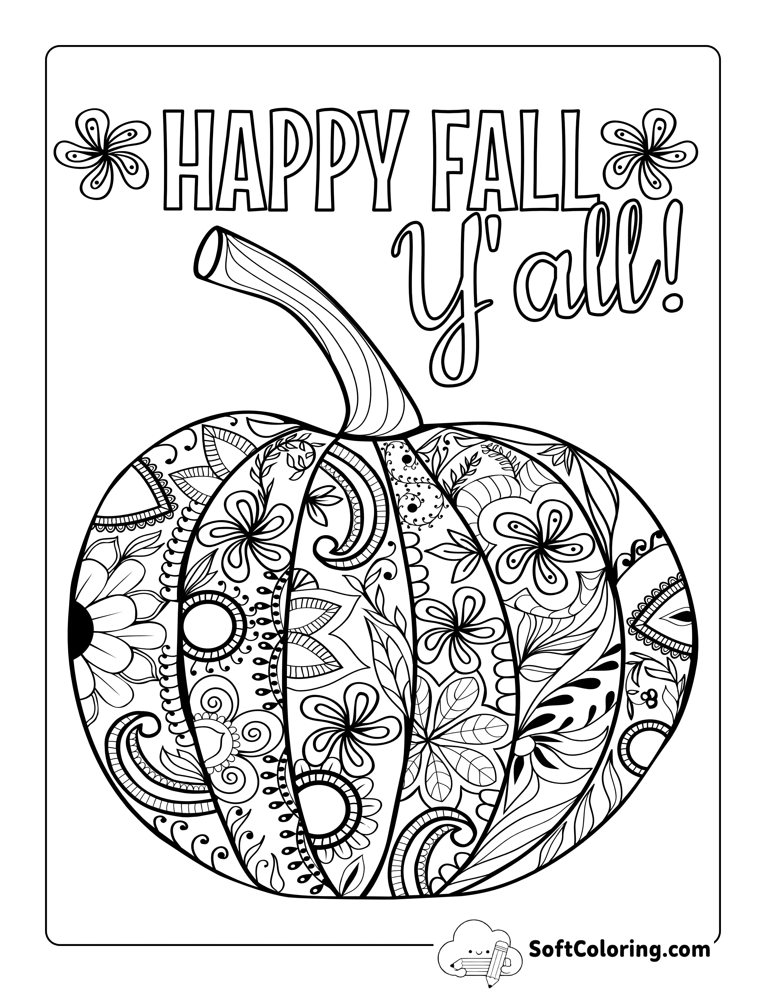 "Happy Fall Y'all" Pumpkin Zentangle To Color