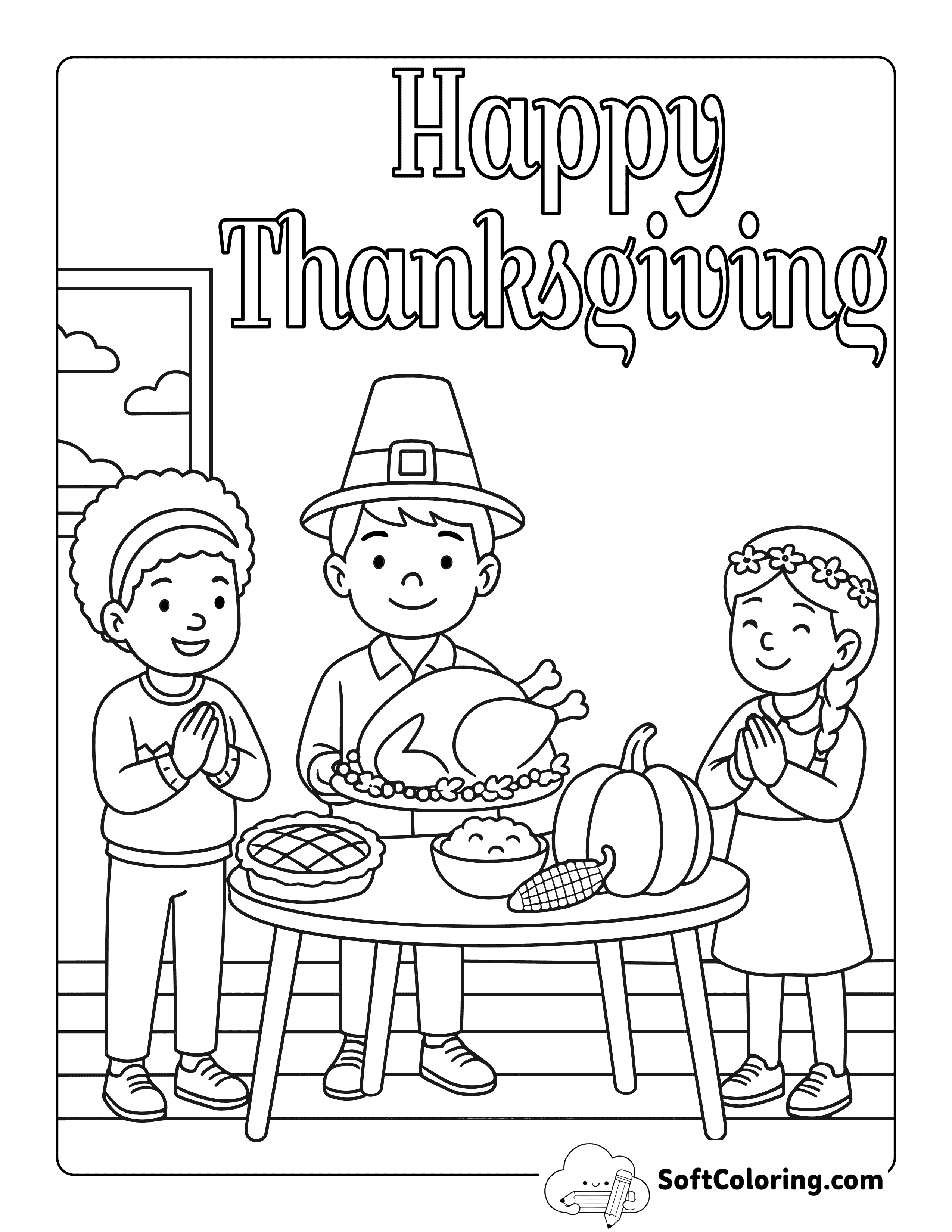 New Cute Kids Celebrating Thanksgiving Coloring Sheet
