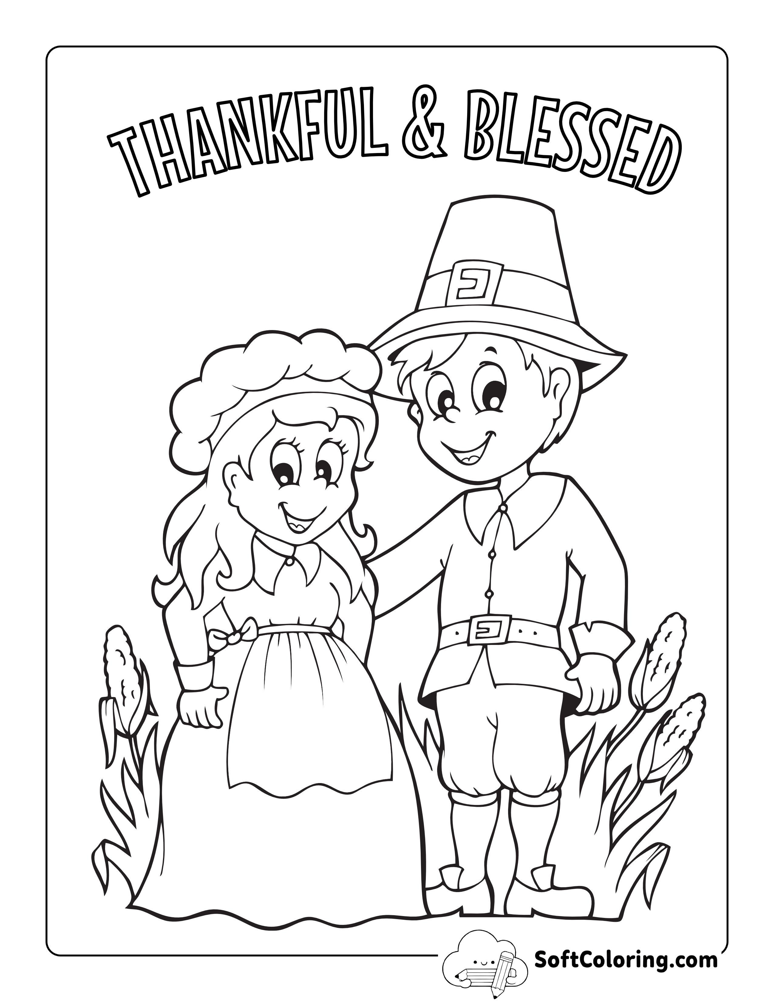 "Thankful & Blessed" Pilgrims Coloring Page