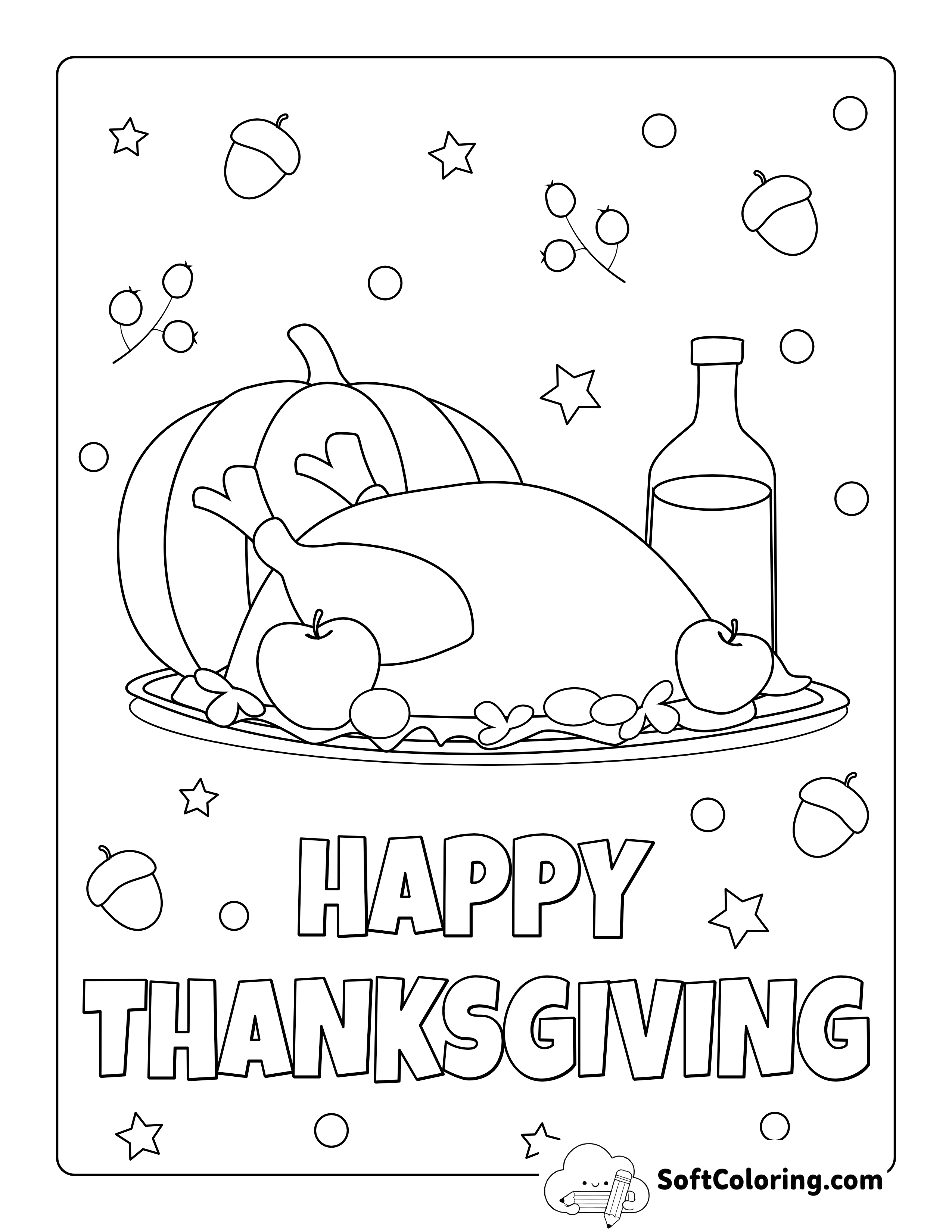 "Happy Thanksgiving" Turkey Dinner Coloring Page