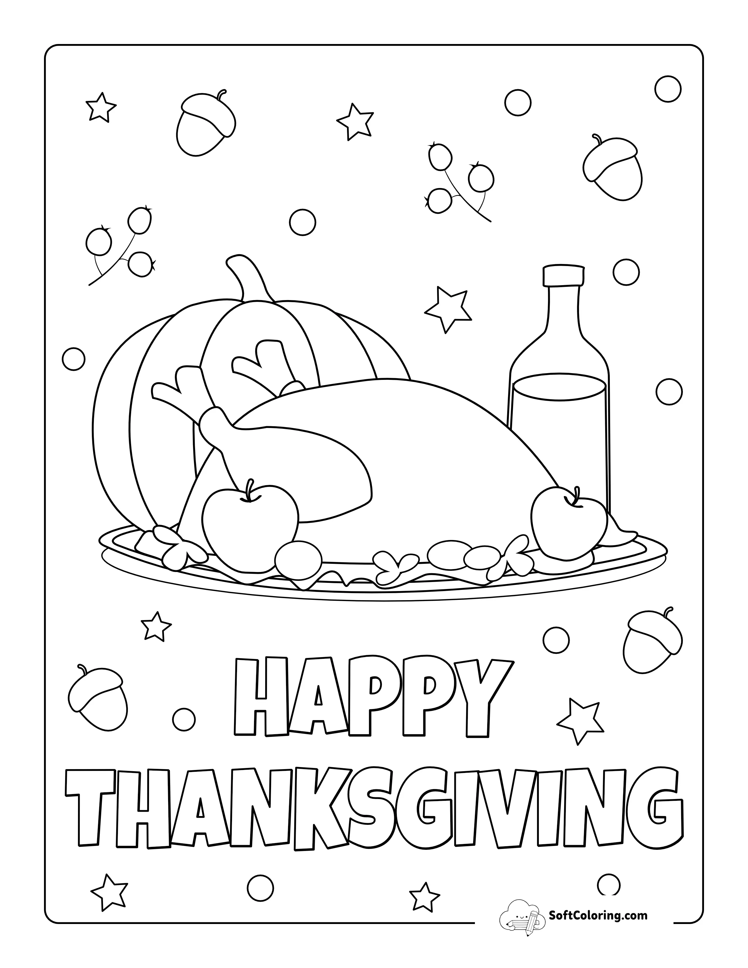 "Happy Thanksgiving" Turkey Dinner Coloring Page