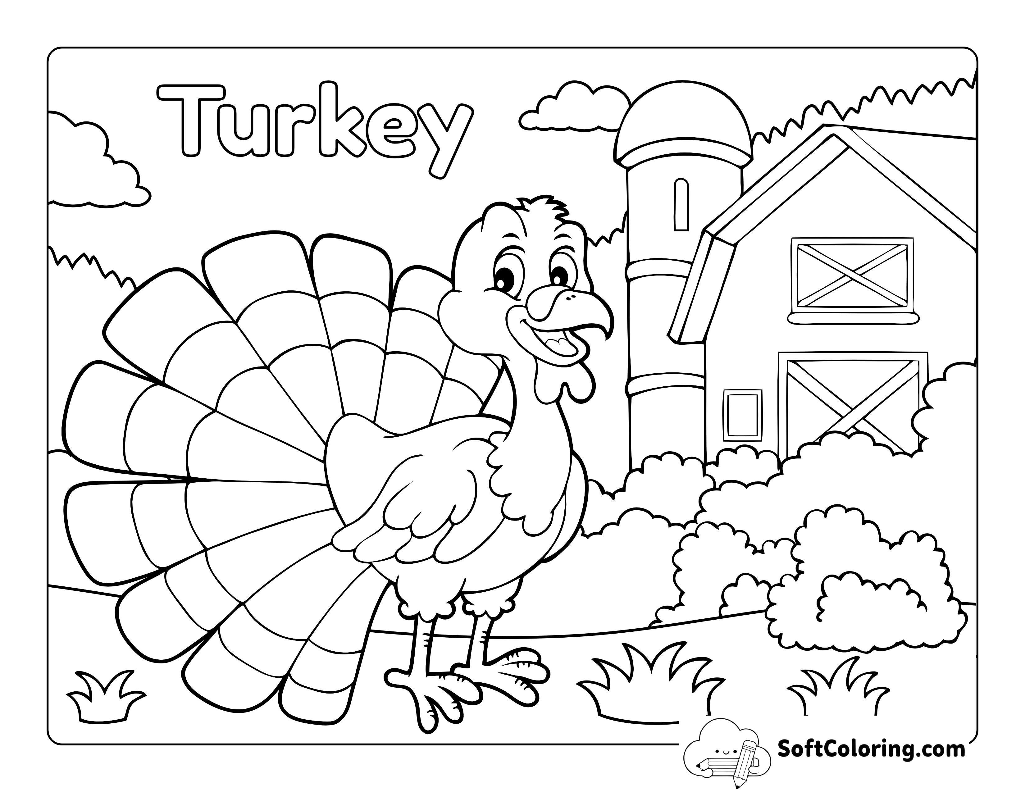 Turkey on the Farm Coloring Sheet for Kids