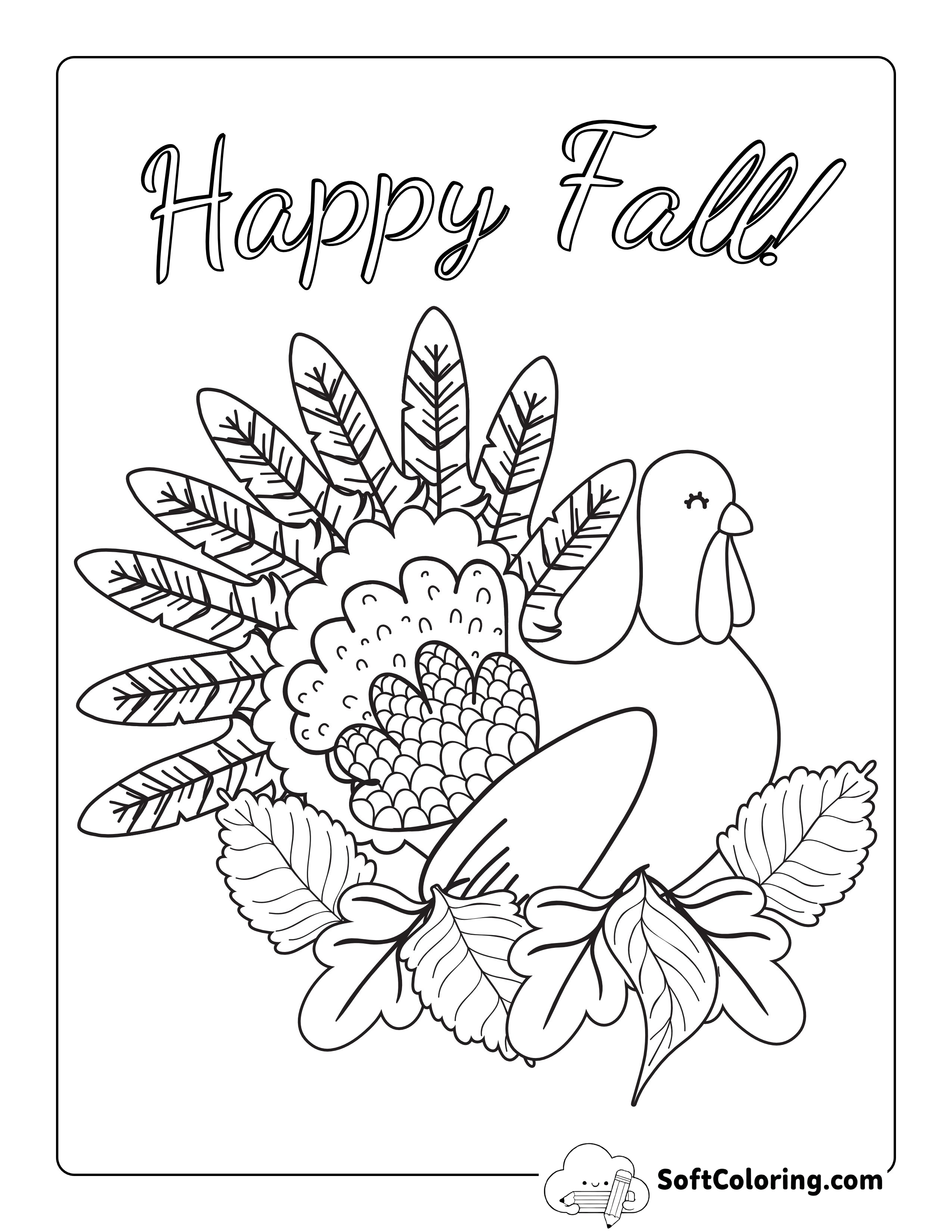 "Happy Fall" Turkey Sitting in Leaves Coloring Sheet