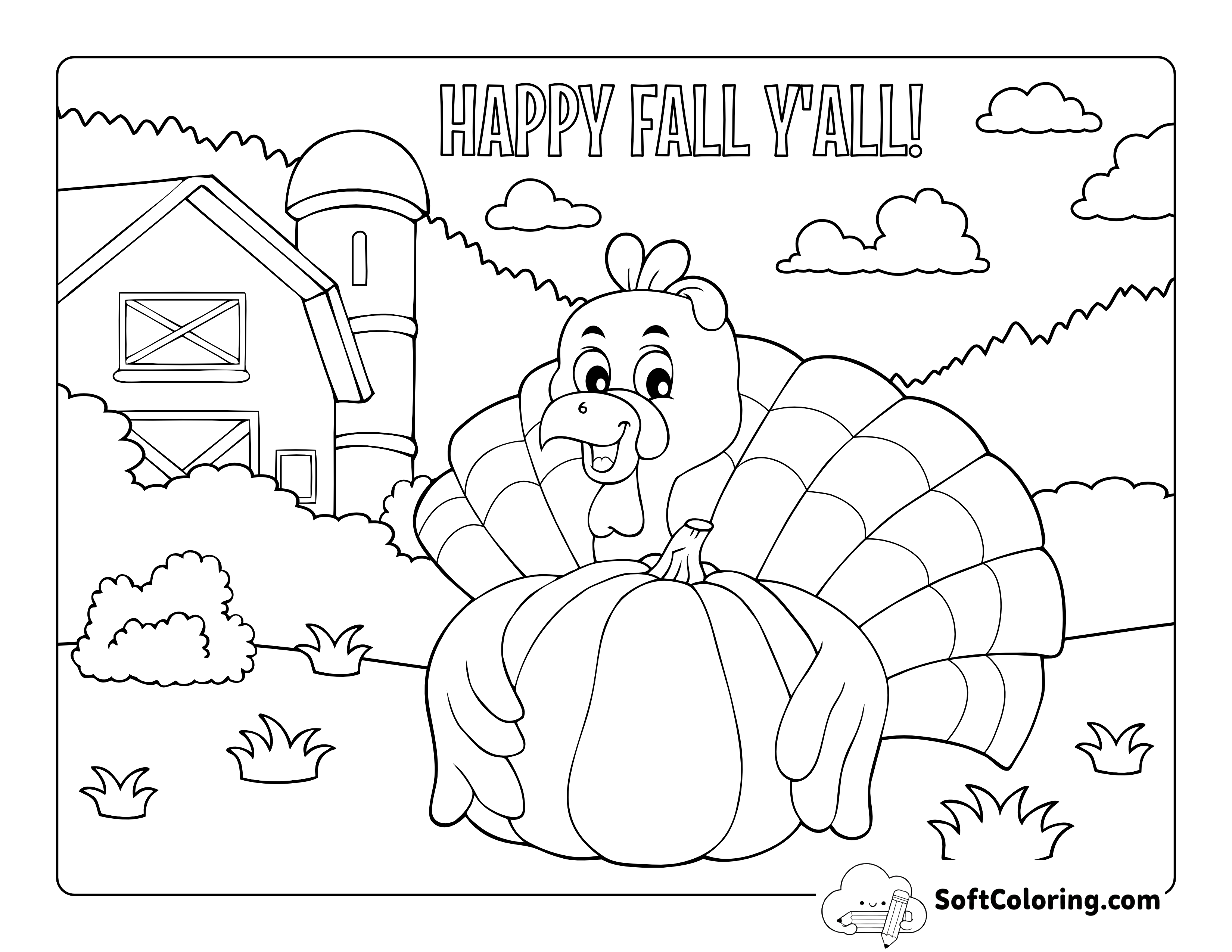 "Happy Fall Y'all" Turkey on the Farm Coloring Sheet
