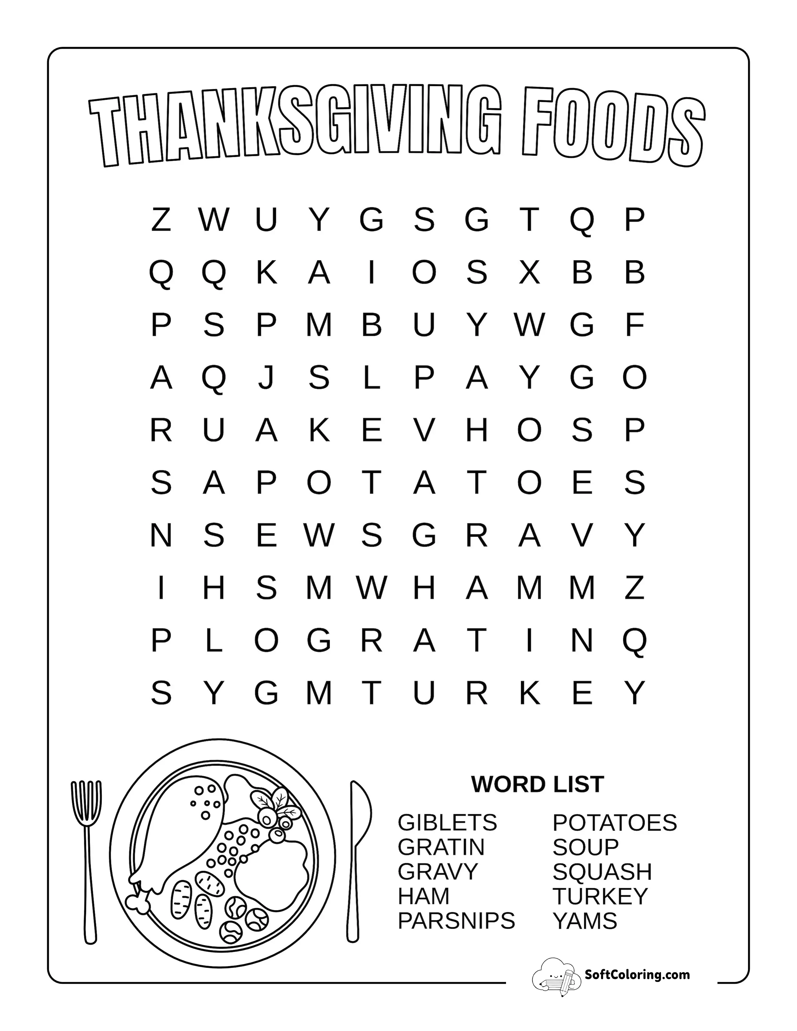Easy Thanksgiving Foods Word Search